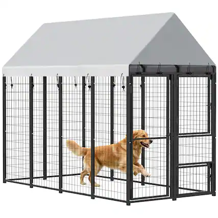 Front. Pawhut - Dog Kennel Outdoor with Roof, 3 Doors, Expandable Heavy Duty Dog Kennel Dog Run for All Breed Sizes - Black.