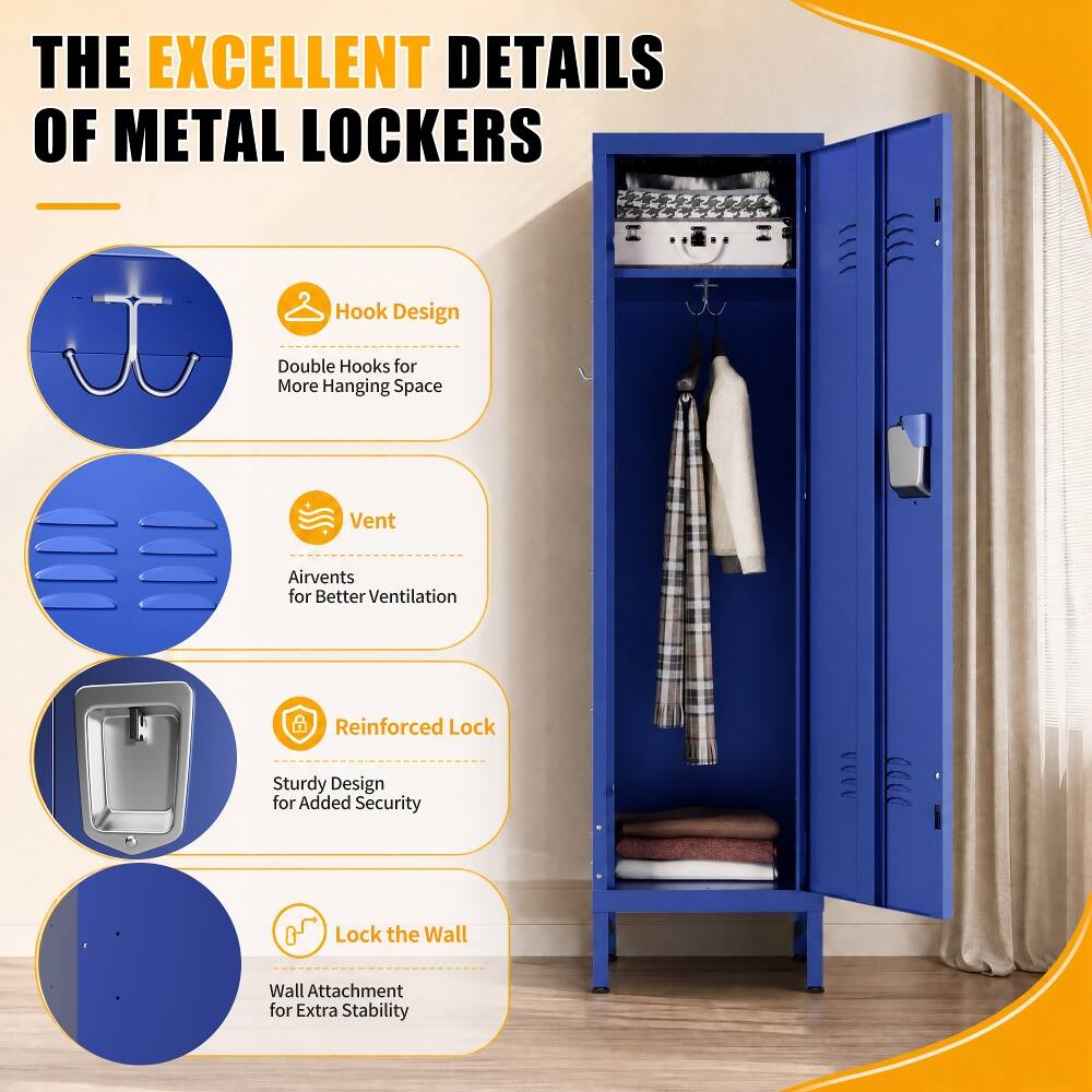 THE EXCELLENT DETAILS OF METAL LOCKERS

- Hook Design
  - Double Hooks for More Hanging Space

- Vent
  - Airvents for Better Ventilation

- Reinforced Lock
  - Sturdy Design for Added Security

- Lock the Wall
  - Wall Attachment for Extra Stability