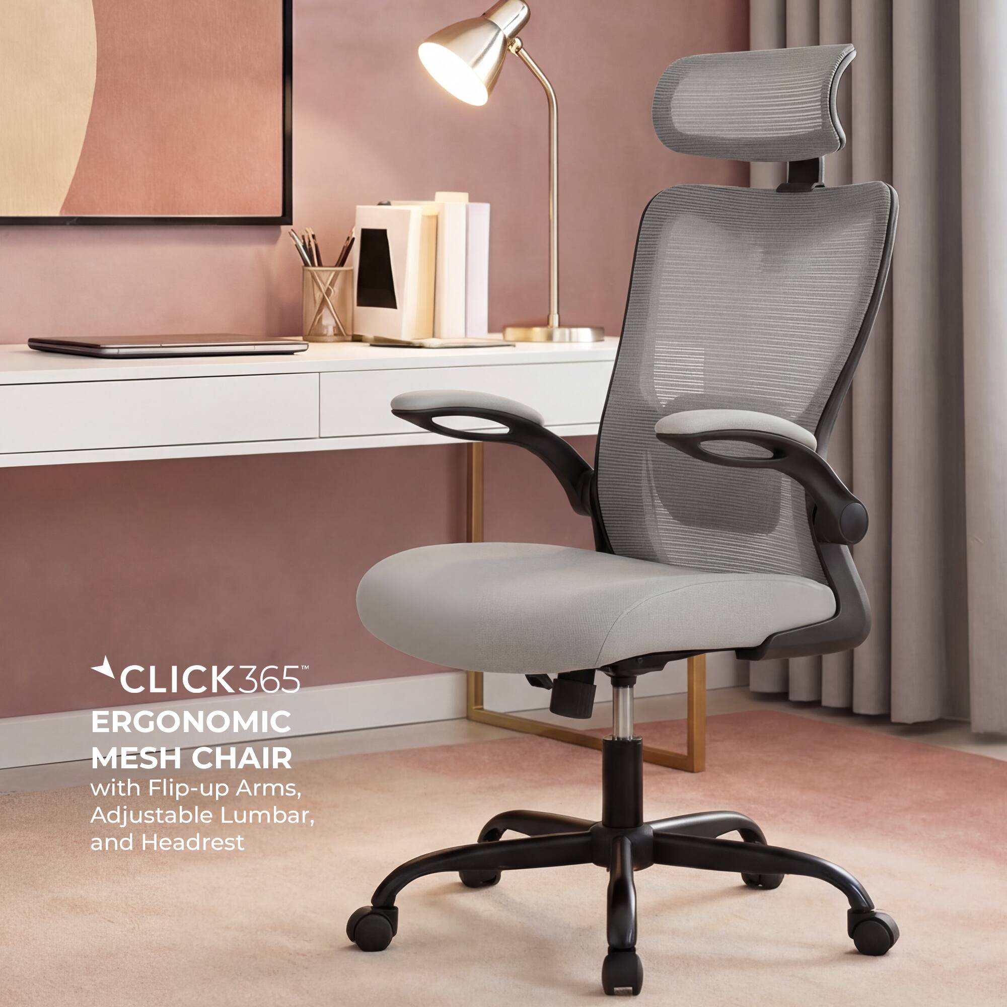 Click365 High Back Ergonomic Mesh Office Chair w/ Lumbar Support, Adjustable Headrest & Flip-Up Arms (Gray)