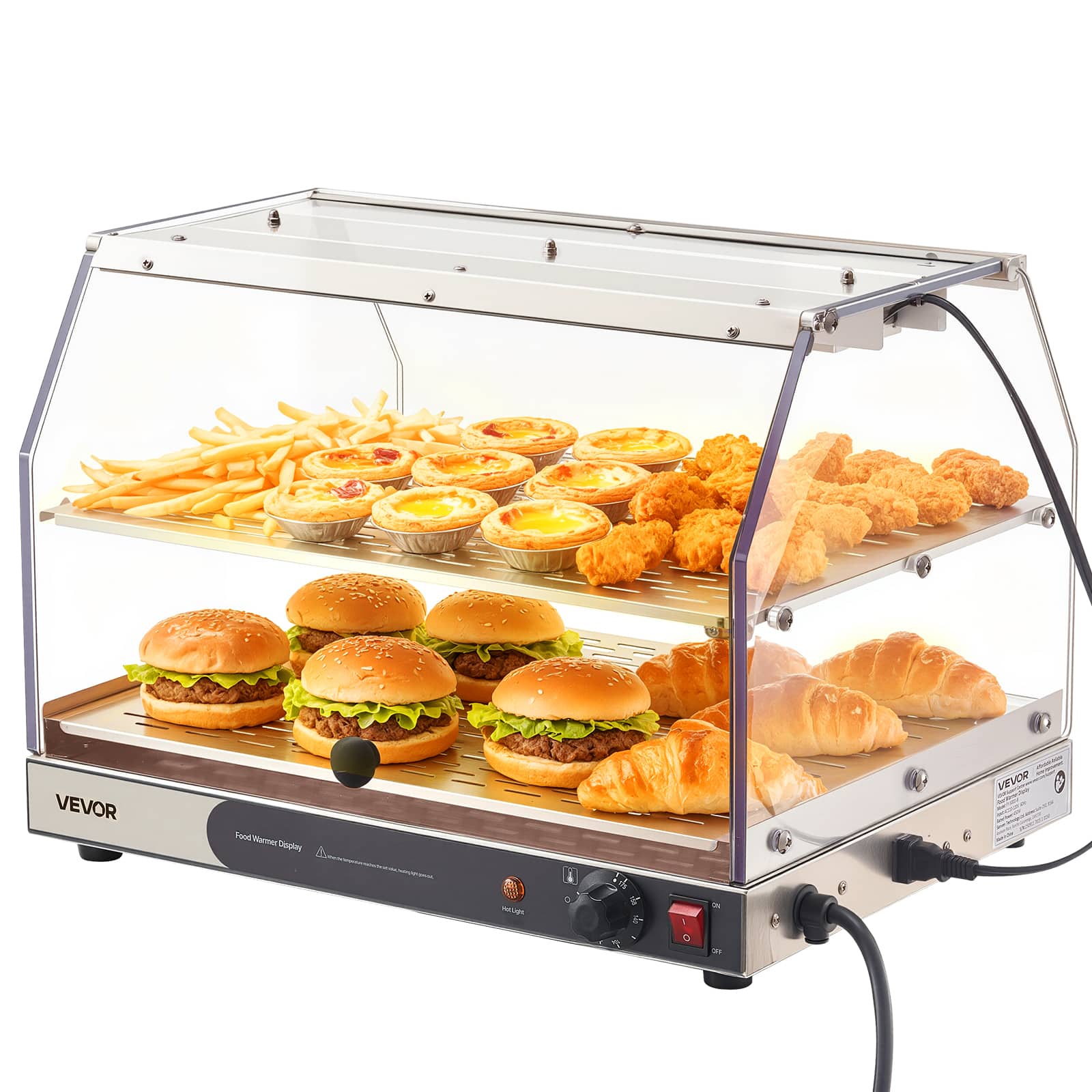 VEVOR - 2-Tier Commercial Food Warmer Display, 450W Food Display Warmer with Light, Detachable Shelves and Double-Sided Door - Stainless steel color