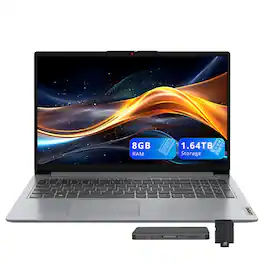 Lenovo - IdeaPad 1 15.6" HD Laptop,Intel N4500,8GB RAM,512GB SSD+128GB eMMC+1TB Dock Set,Num Pad, Webcam,Win 11,Grey - Gray