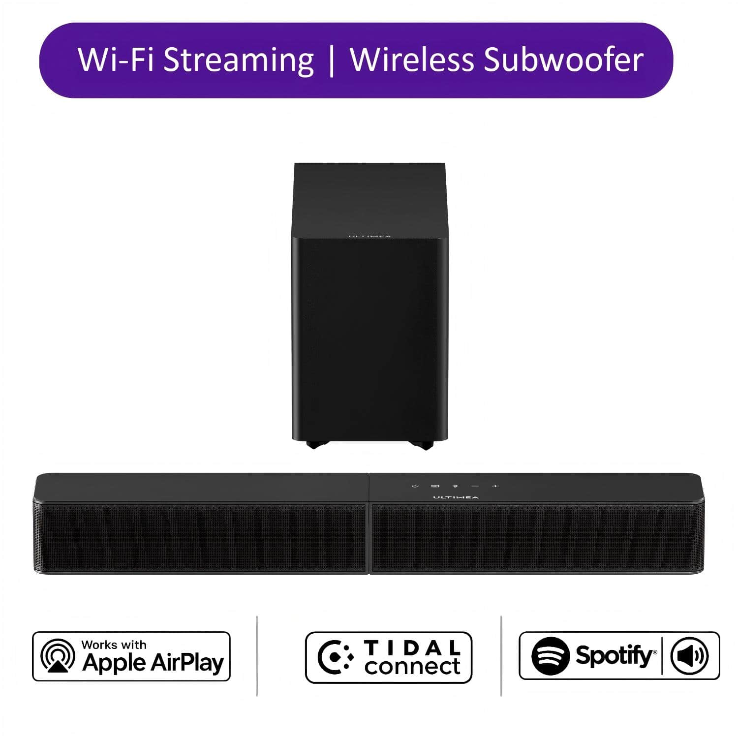Ultimea - Wi-Fi Streaming Soundbar for TV, AirPlay 2, Spotify/Tidal Connect, App, 5.25" Wireless Subwoofer, HDMI ARC - Black