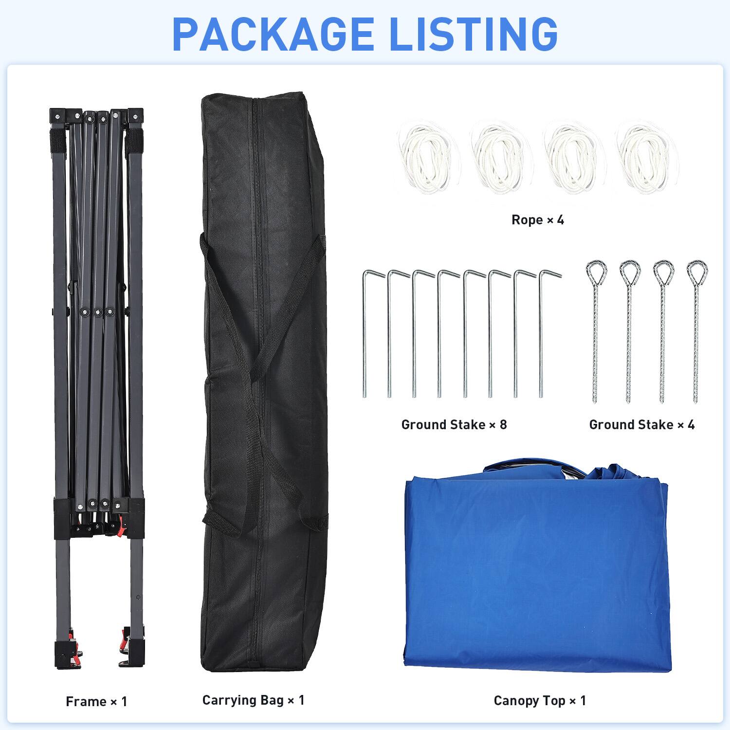 PACKAGE LISTING

- Rope x 4
- Ground Stake x 8
- Ground Stake x 4
- Frame x 1
- Carrying Bag x 1
- Canopy Top x 1