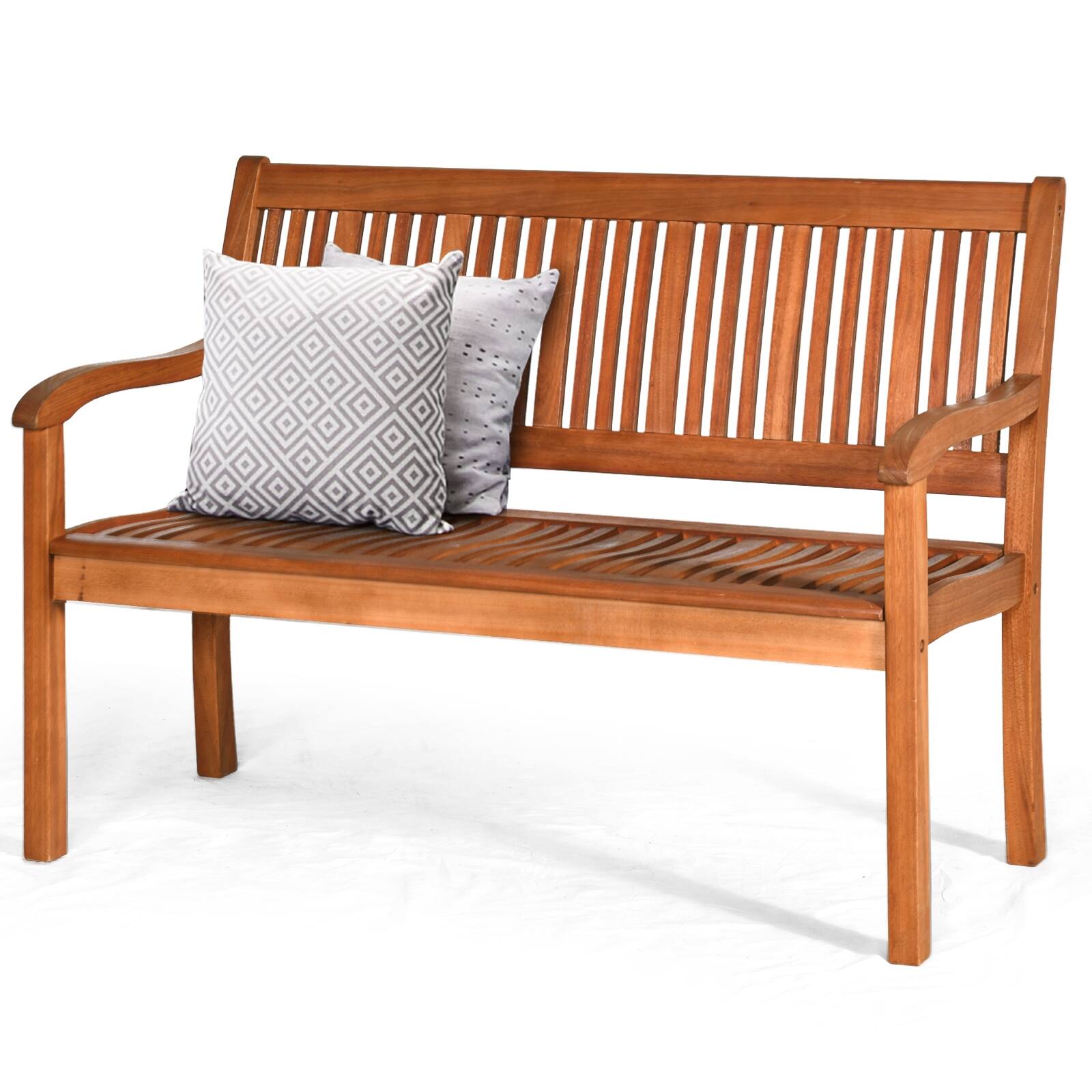 Back. SlickBlue - Two-Person Solid Wood Garden Bench with Curved Backrest and Wide Armrests - Natural.