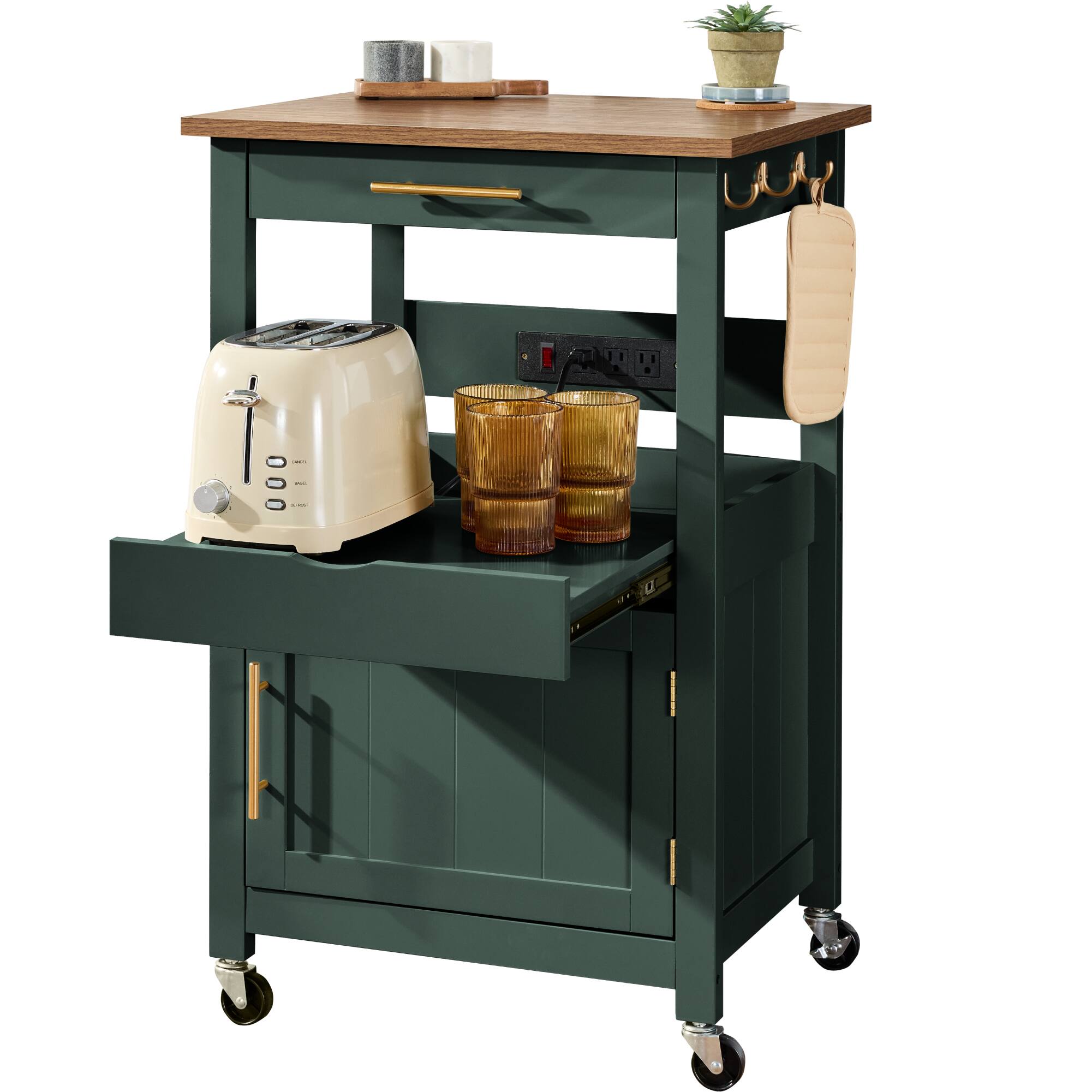 Best Choice Products - Rolling Kitchen Island Cart, Cabinet W/ Drawer, Sliding Tray, Outlet, Wheels, Hooks - Forest Green