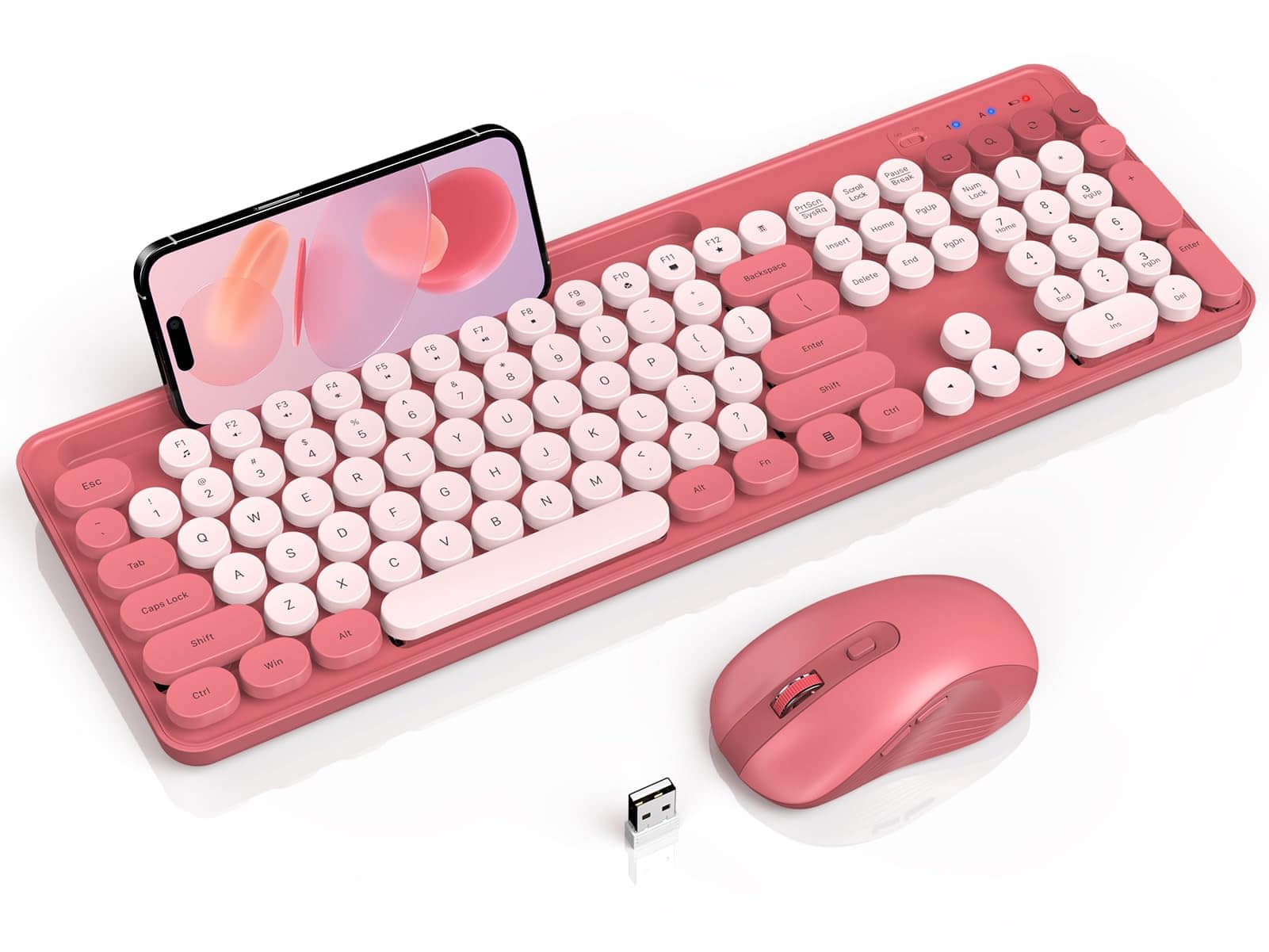 PARKER SLATER - Wireless And Mouse Combo Cute Round Keycaps Full-size Retro Typewriter With Detachable Wrist Rest 2.4ghz Cordless - Pink