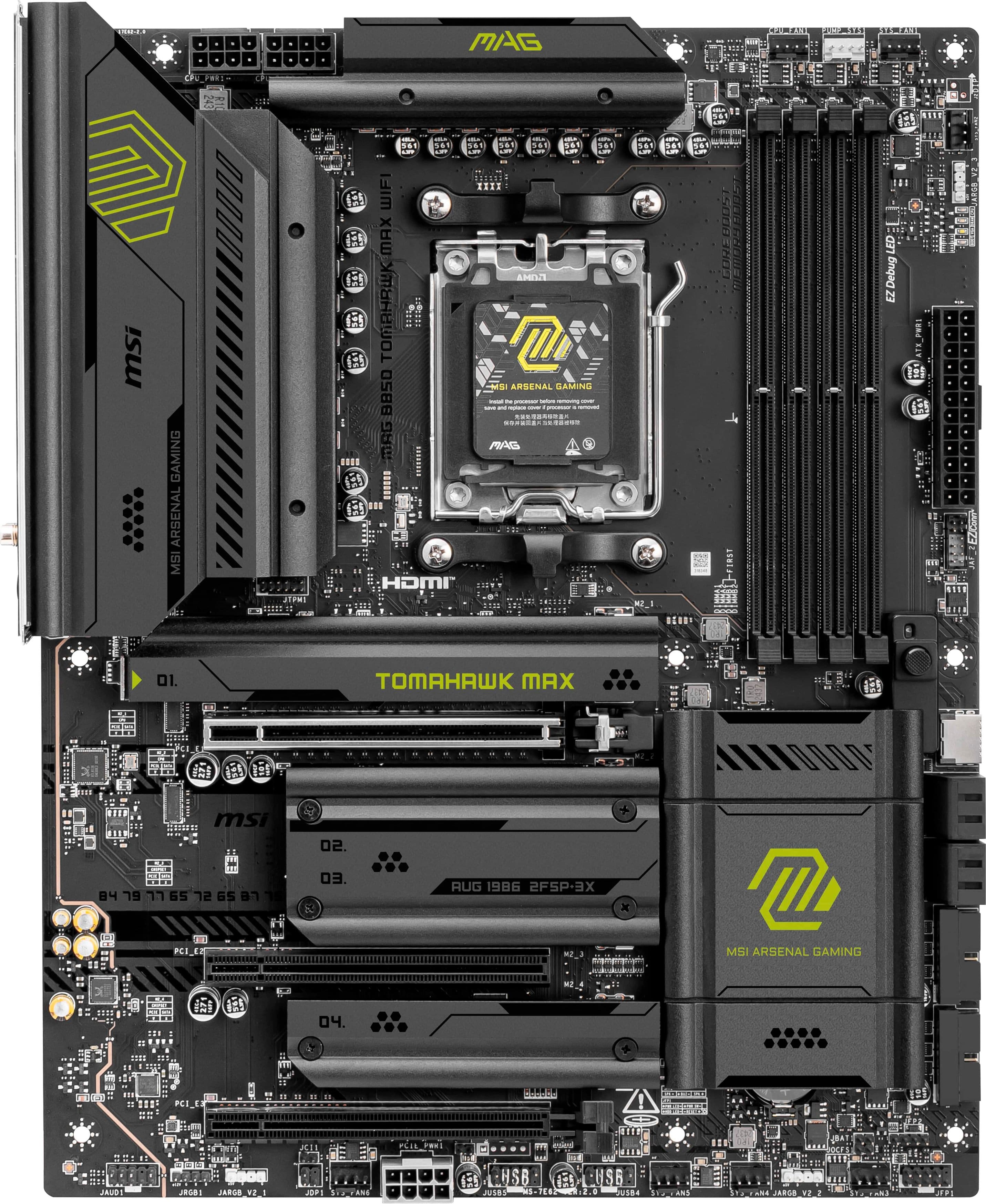 The image features a computer motherboard with various components, including a CPU, RAM, and other peripherals. The motherboard is a part of a gaming computer, as indicated by the MSI Arsenal Gaming branding. The components are arranged in a way that allows for efficient use of space and optimal performance. The motherboard is designed to support high-end gaming and other demanding applications, making it a suitable choice for gamers and power users.
