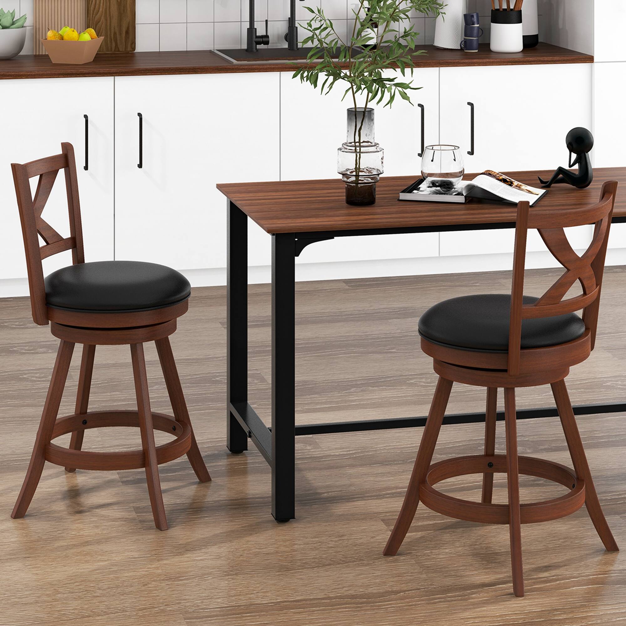 Alt View 3. Costway - Set of 2 Bar Stools 24" Classic Counter Height Swivel Chairs for Kitchen Pub - Black/Brown.