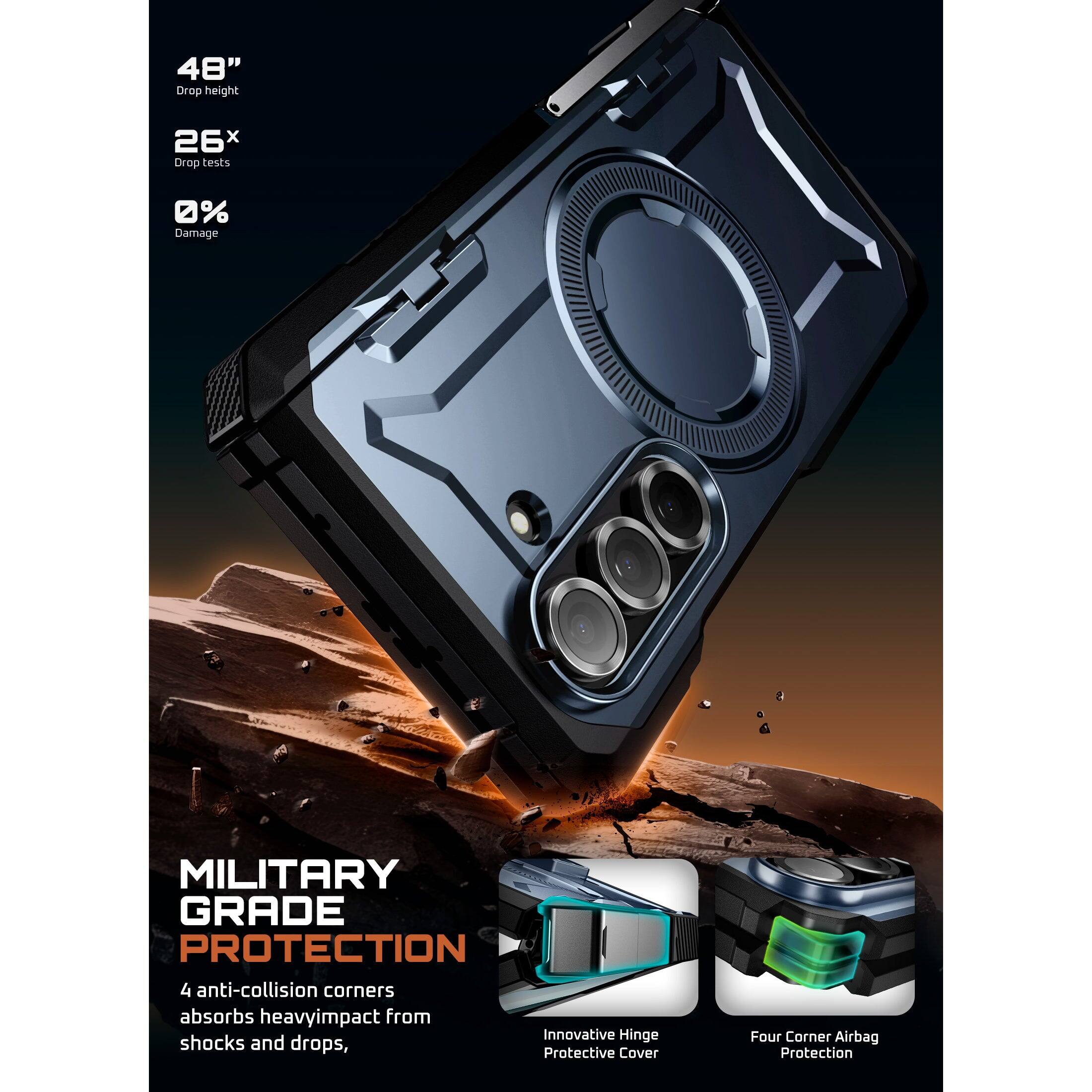 48" Drop height
26x Drop tests
0% Damage
MILITARY GRADE PROTECTION
4 anti-collision corners absorbs heavy impact from shocks and drops
Innovative Hinge Protective Cover
Four Corner Airbag Protection