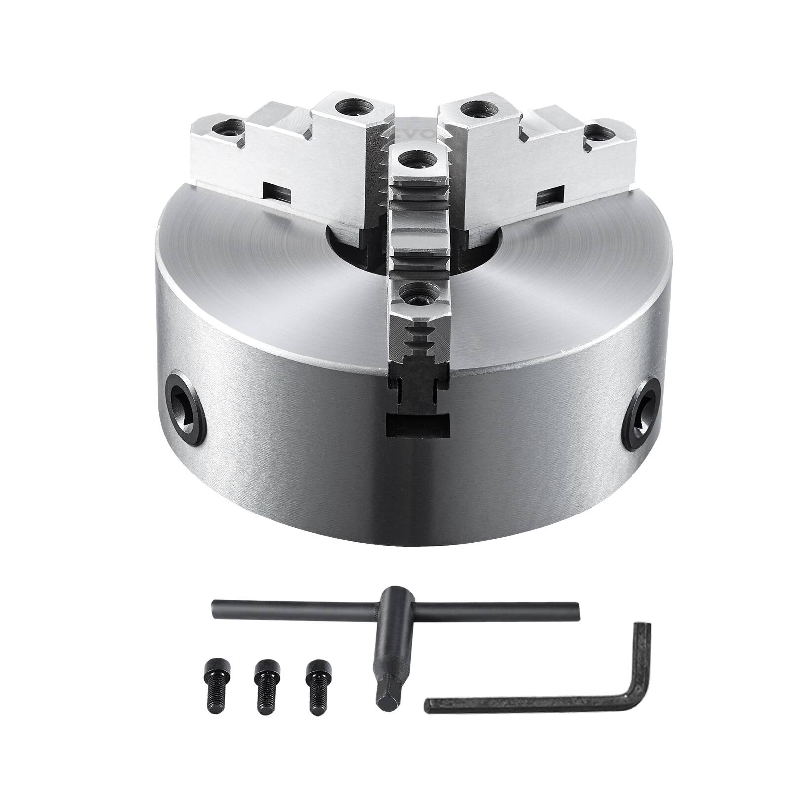 Front. VEVOR - 3-Jaw Lathe Chuck, 10'', Self-Centering Lathe Chuck, 0.24-9.84 in/6-250 mm Clamping Range with T-key Fixing Screws - Silver.