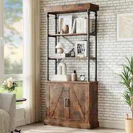 Babevy - Tall Bookshelf with Doors Industrial Bookcase Freestanding Shelf - Brown