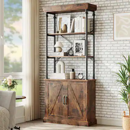 Front. Babevy - Tall Bookshelf with Doors Industrial Bookcase Freestanding Shelf - Brown.
