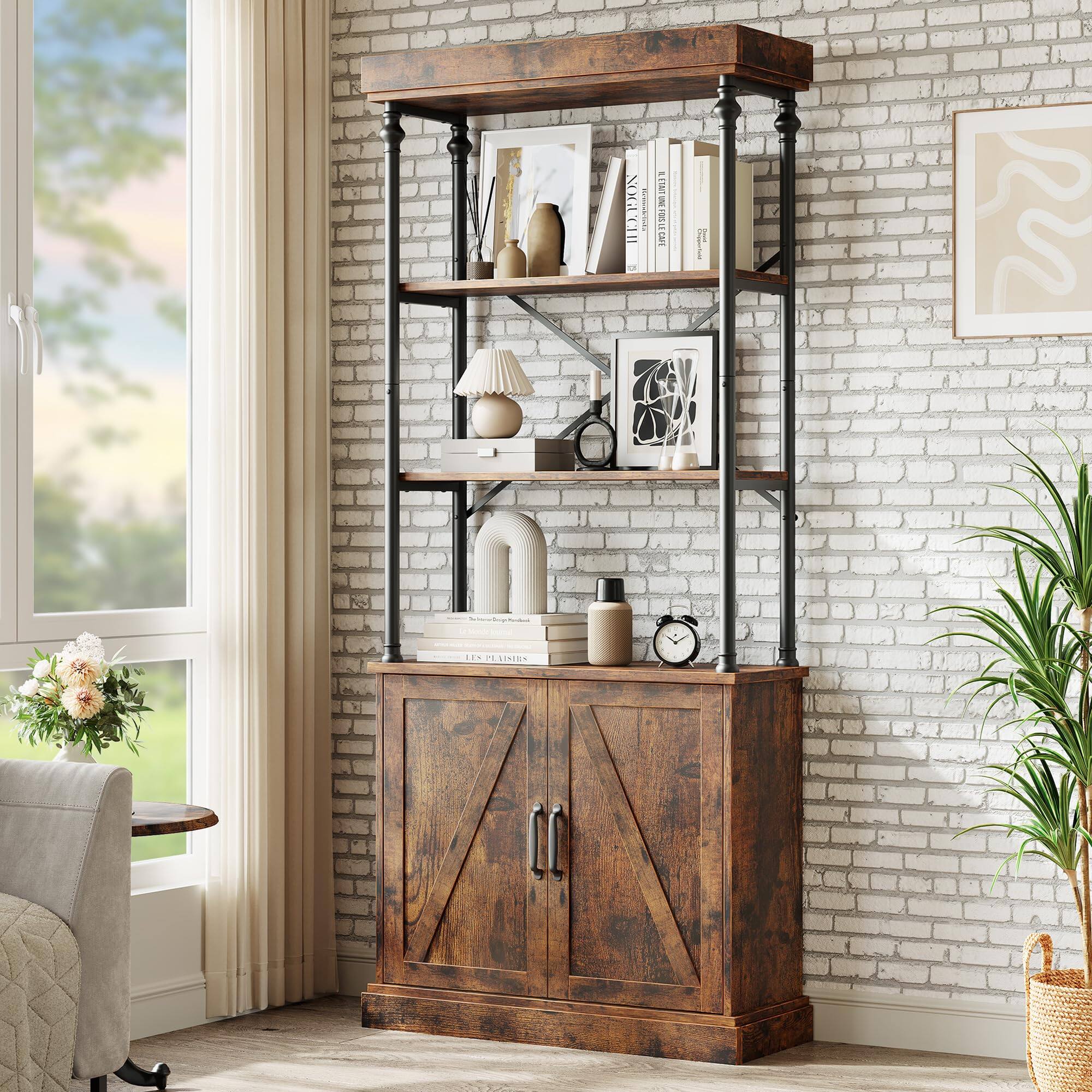 Front. Babevy - Tall Bookshelf with Doors Industrial Bookcase Freestanding Shelf - Brown.