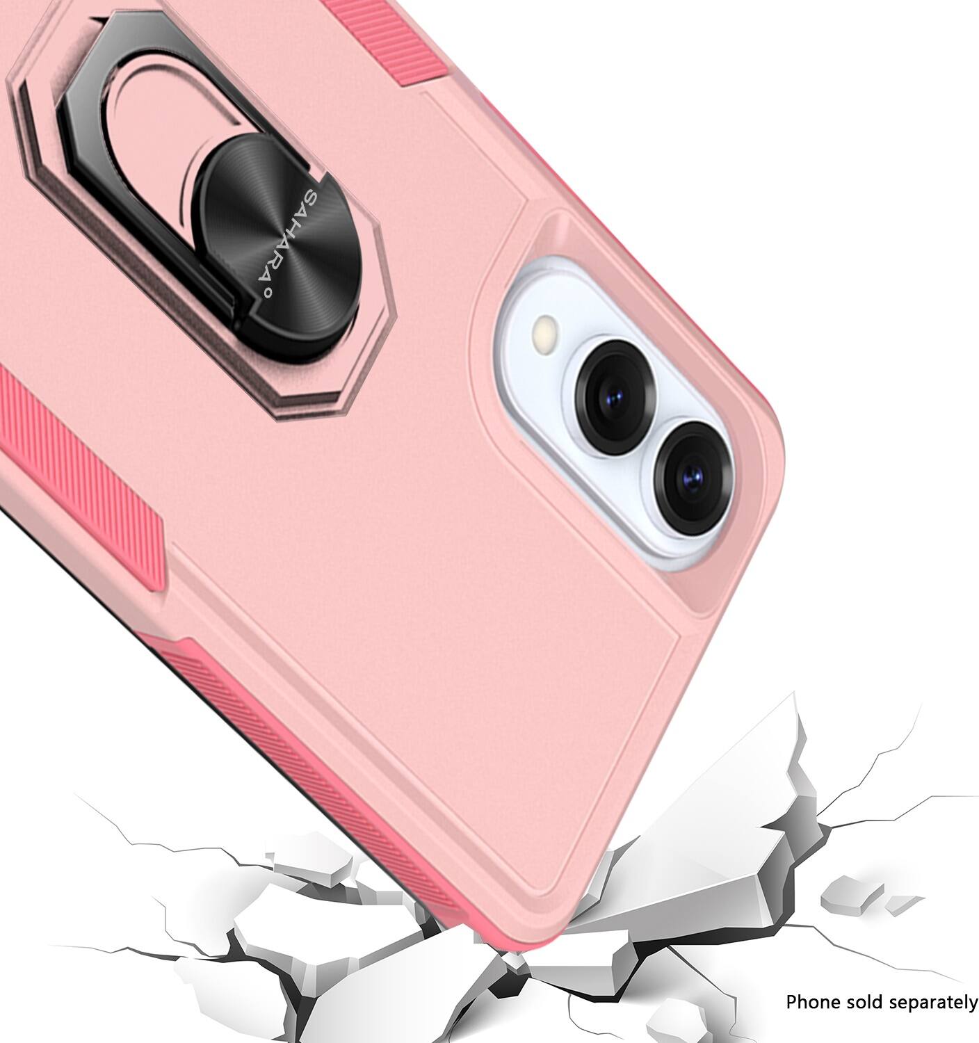The image shows a pink cell phone case with a camera on the back, which is being used to take a picture. The phone is being held up to capture the photo, and the case is being used to protect the device. The case is being advertised as a SAHARA phone, which is sold separately from the phone itself.
