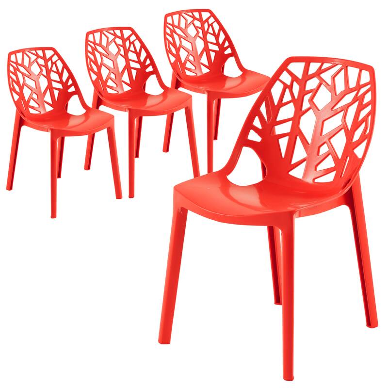 LeisureMod - Cornelia 4-Pieces Stackable Plastic Dining Chair with Cut-Out Backrest and Fully Assembled - Solid Red