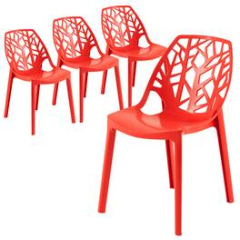 LeisureMod - Cornelia 4-Pieces Stackable Plastic Dining Chair with Cut-Out Backrest and Fully Assembled - Solid Red