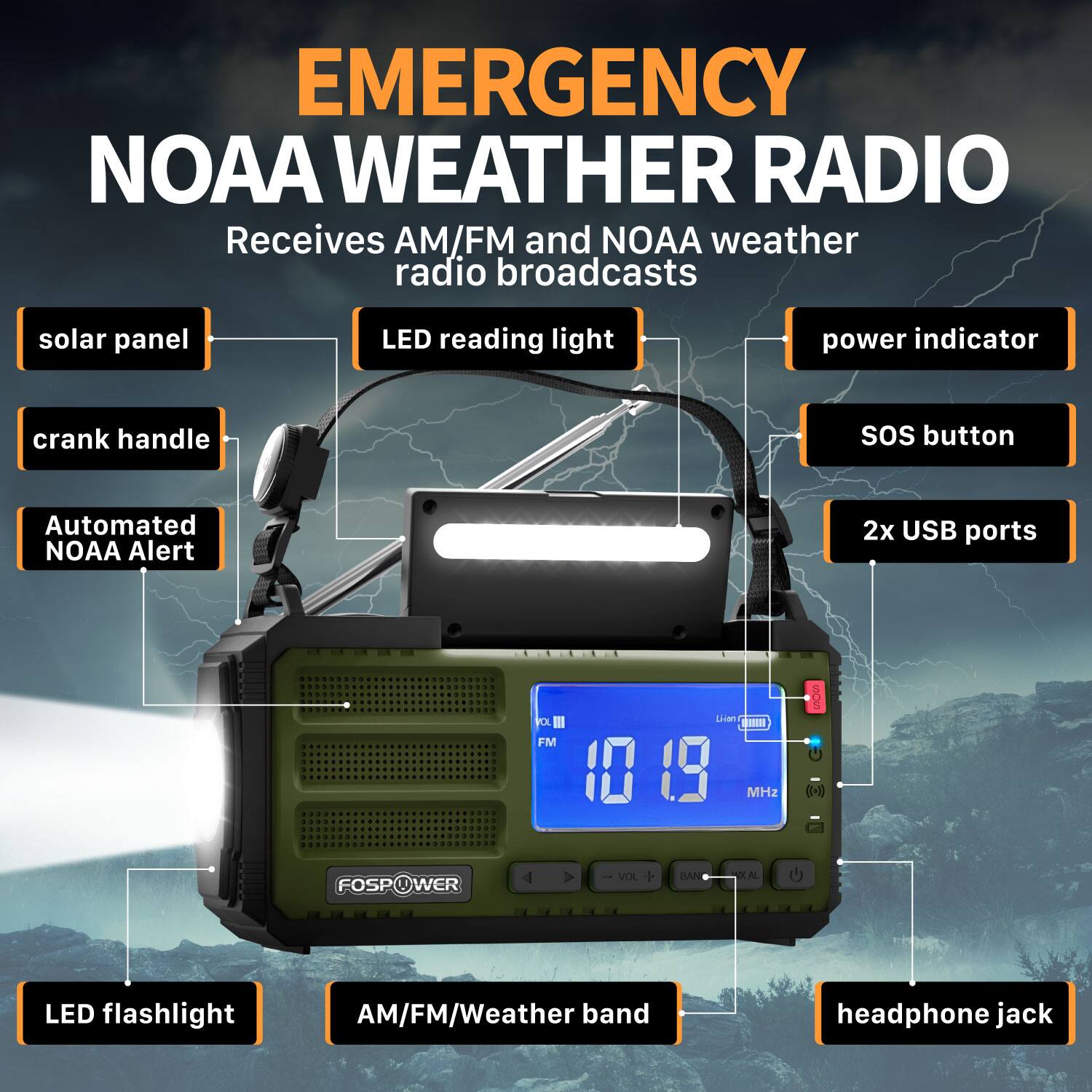 EMERGENCY NOAA WEATHER RADIO  
Receives AM/FM and NOAA weather radio broadcasts

- Solar panel
- Crank handle
- Automated NOAA Alert
- LED reading light
- Power indicator
- SOS button
- 2x USB ports
- LED flashlight
- AM/FM/Weather band
- Headphone jack