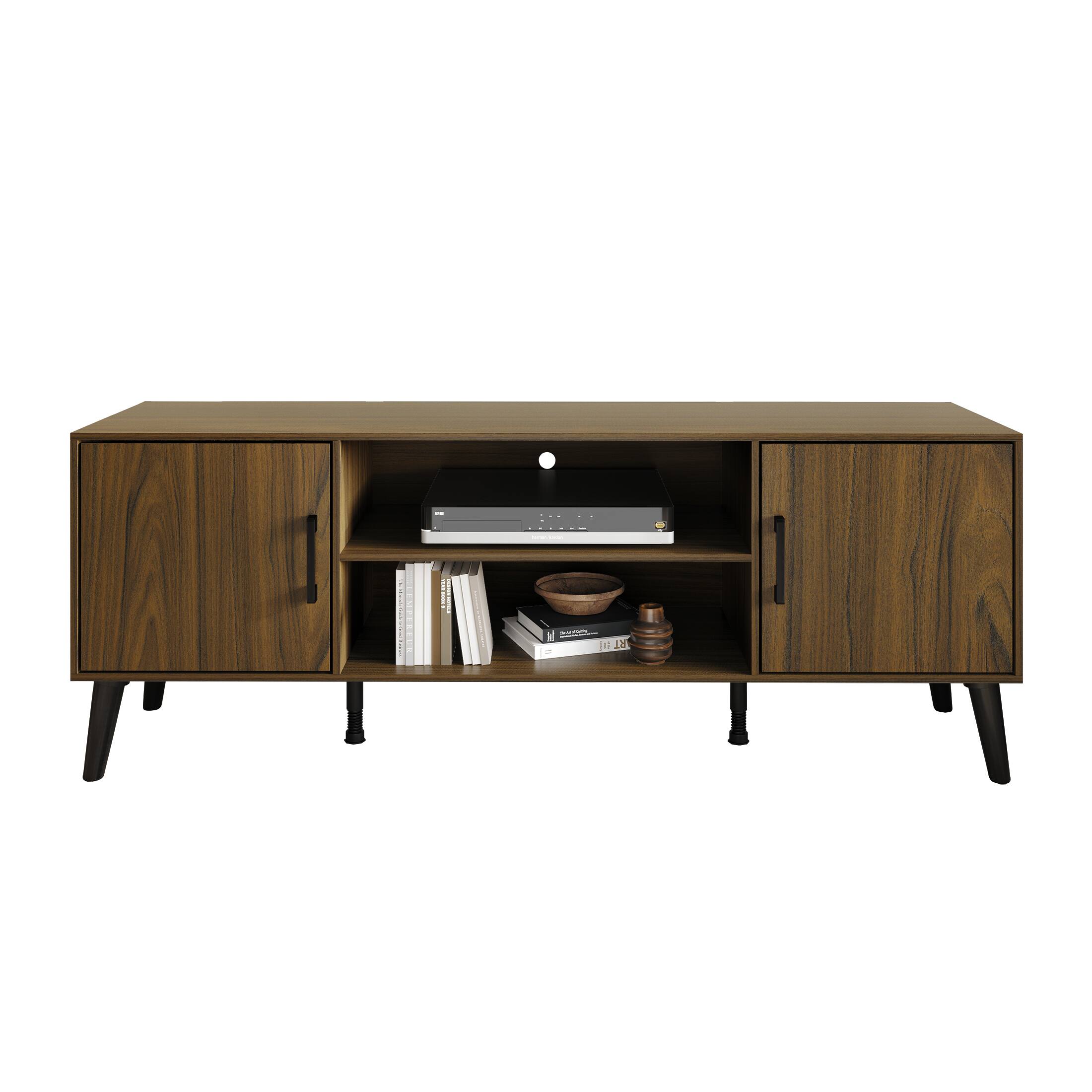 Alt View 2. ChaletPosh - Modern TV Console with 2 Cabinets and Open Shelving, Brown - Brown.