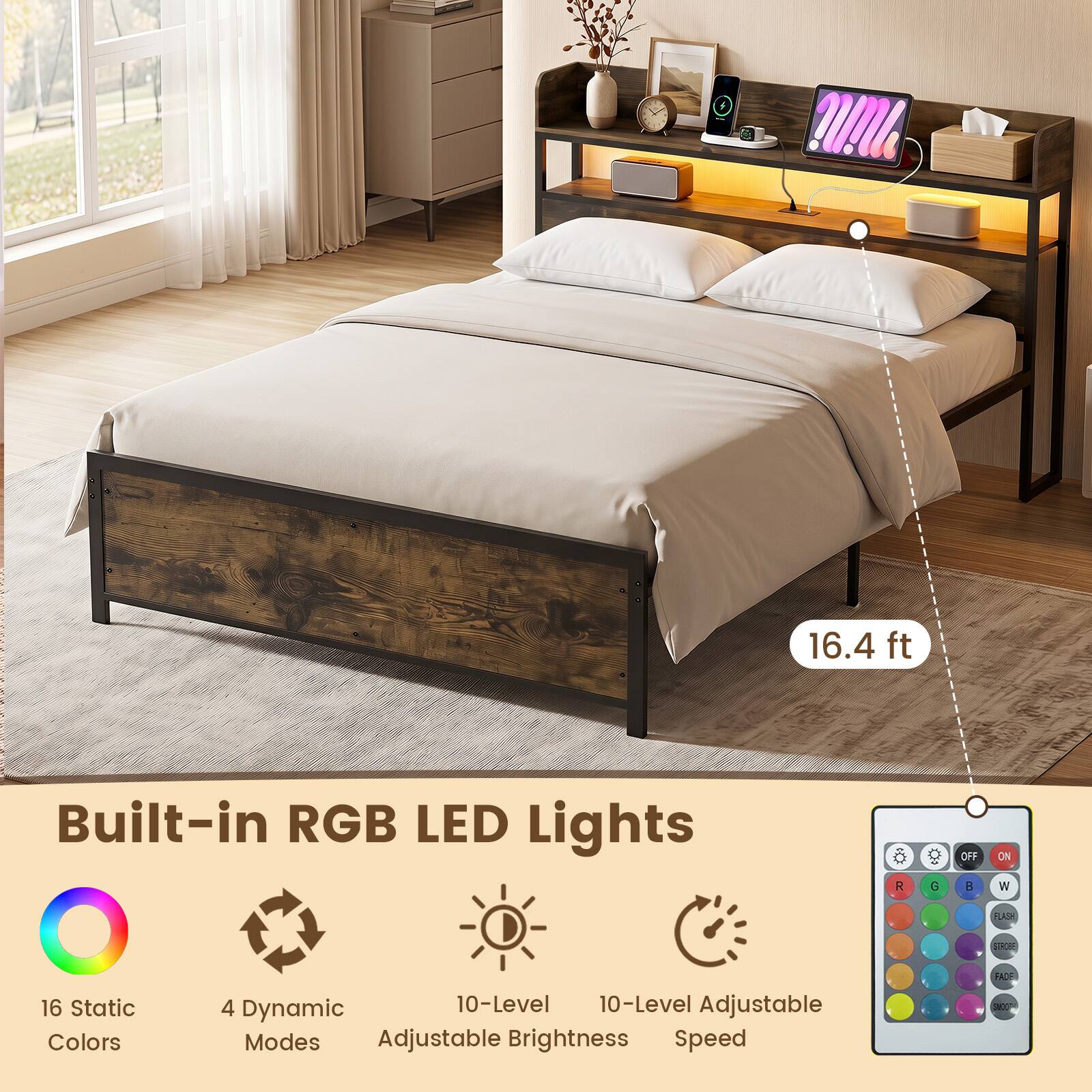16.4 ft Built-in RGB LED Lights  
- R G OFF B ON W FLASH  
- 16 Static Colors  
- 4 Dynamic  
- 10-Level Adjustable Brightness  
- 10-Level Adjustable Speed  
- FAC
