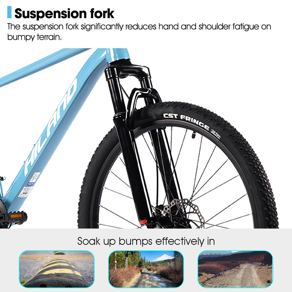 Suspension fork

The suspension fork significantly reduces hand and shoulder fatigue on bumpy terrain.

Soak up bumps effectively in