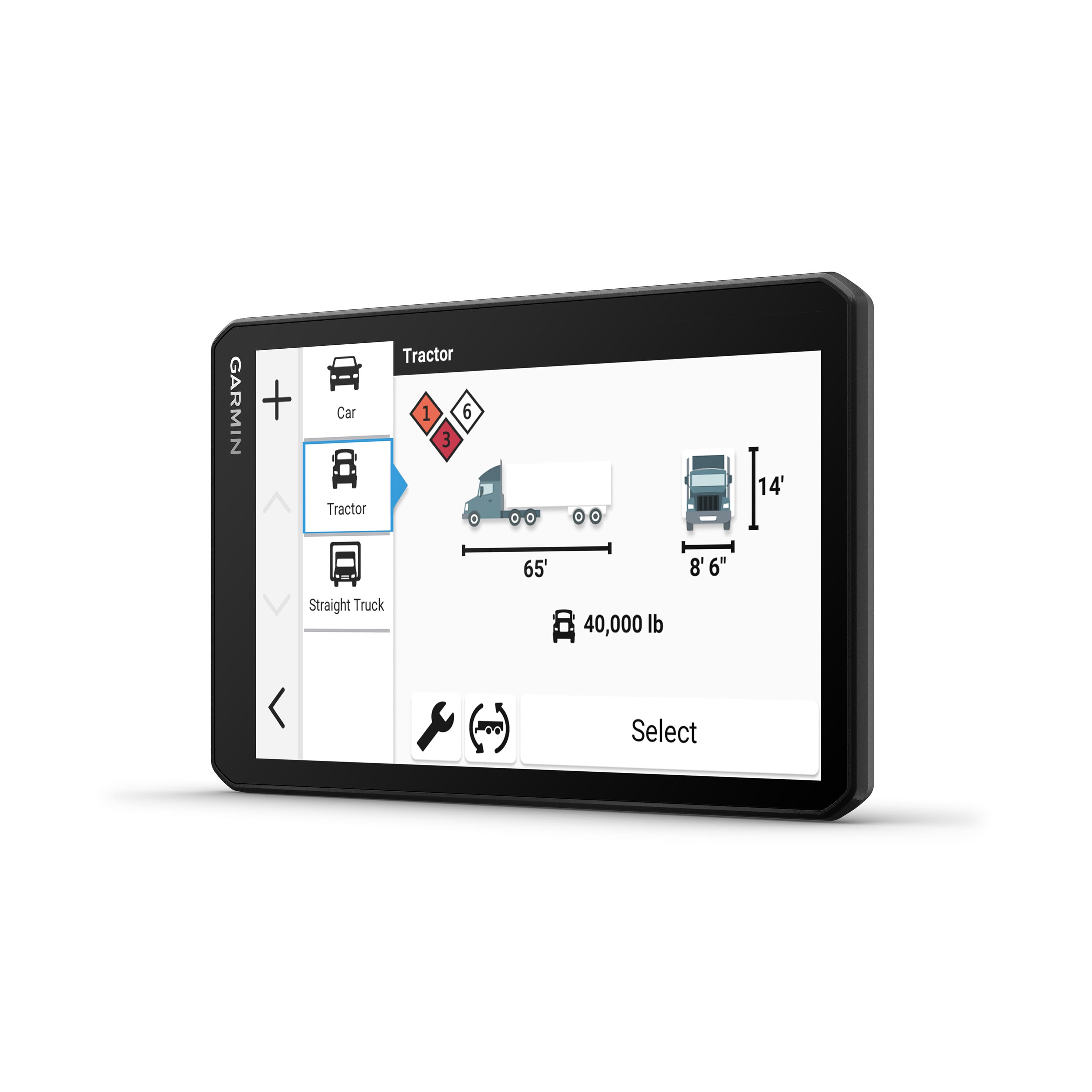 The text on the image is grouped as follows:
1. Garmin
2. Car
3. Tractor
4. Tractor 1
5. 6' 65' 8"
6. Straight Truck
7. 40,000 lb
8. Select