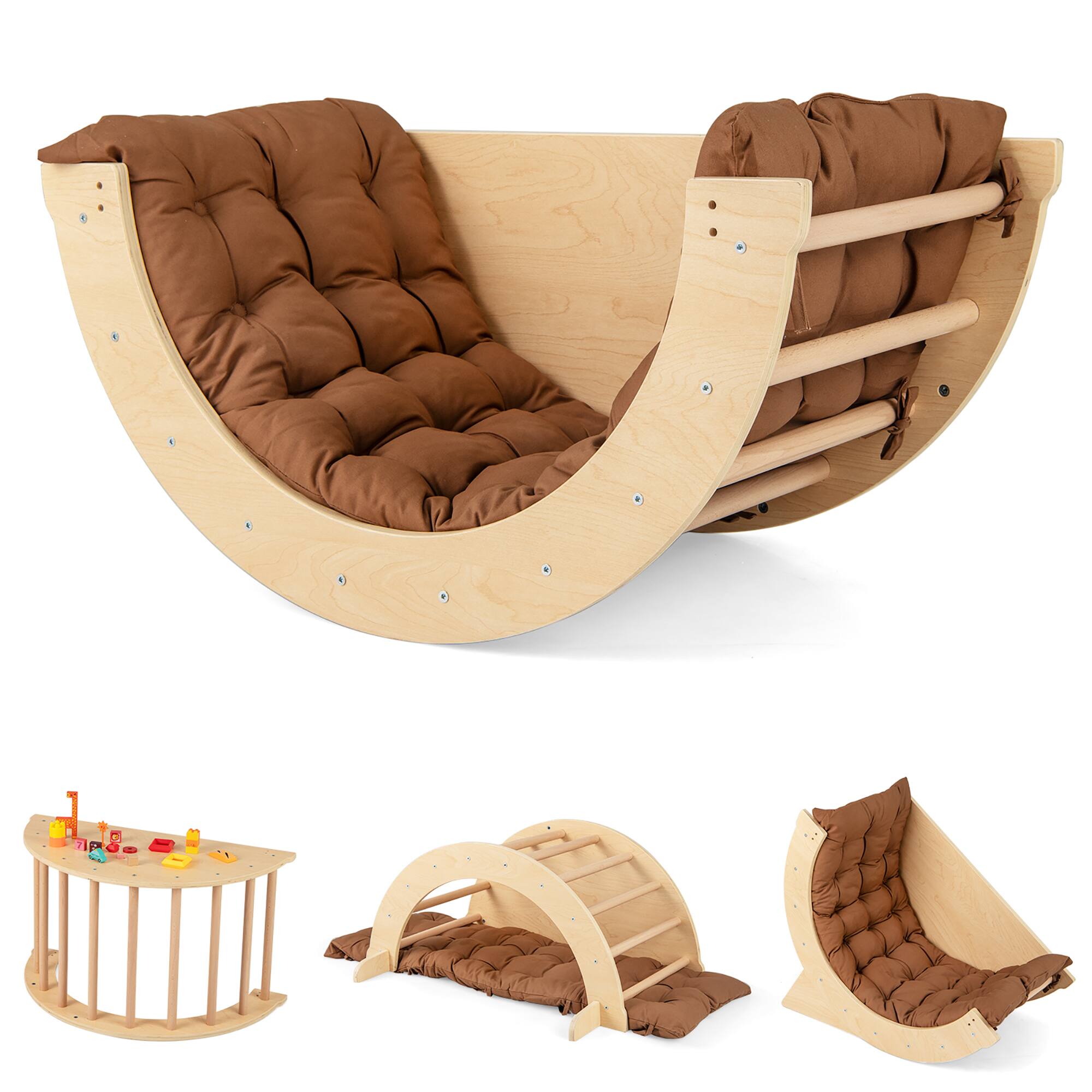 Alt View 9. Gymax - Gymax 6 in 1 Climbing Arch Wooden Rocker Arch Climbing Toy w/ Removable Cushion Coffee - Coffee.