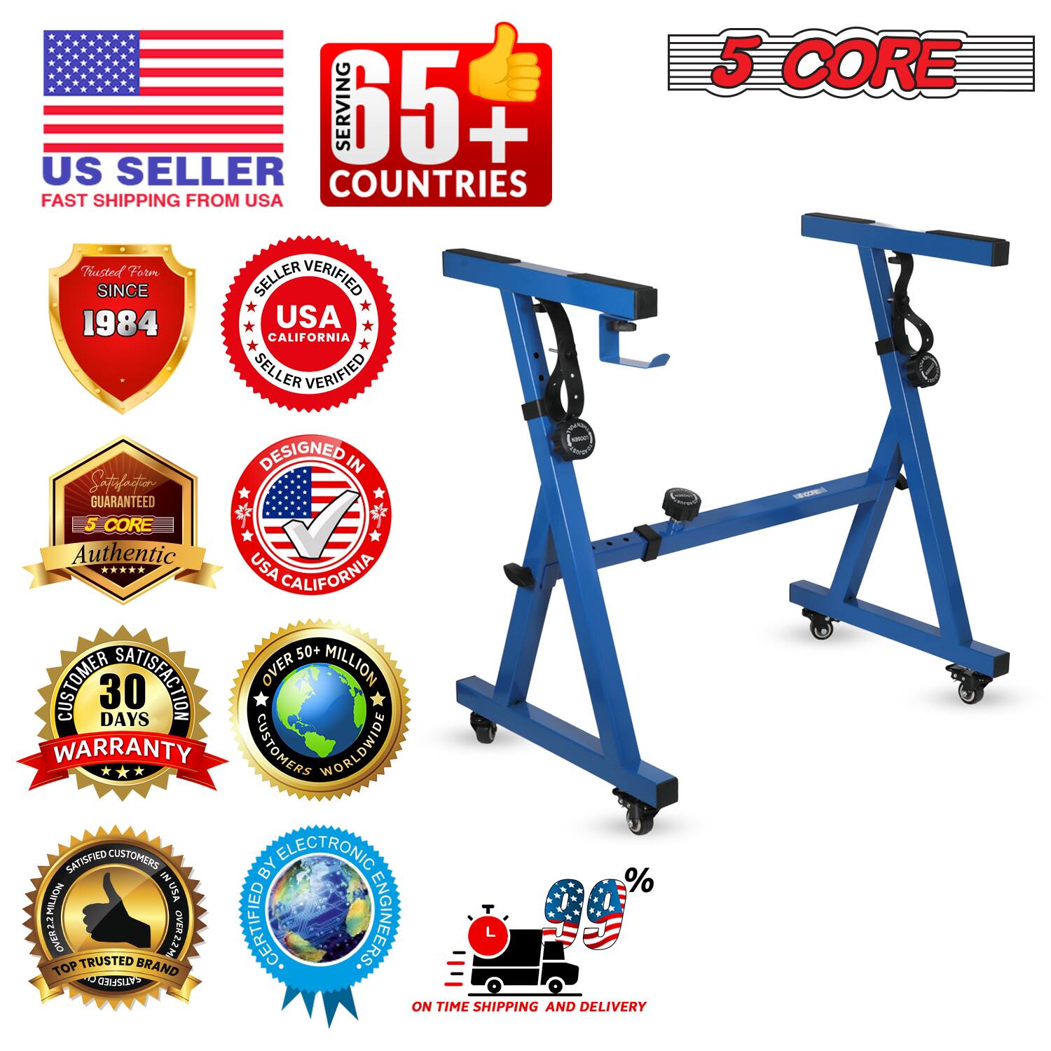 Sure, here is the corrected and grouped text from the image:

---

**US SELLER**  
FAST SHIPPING FROM USA

**SERVING 65+ COUNTRIES**

**5 CORE**

**TRUSTED SINCE 1984**

**SELLER VERIFIED**  
USA CALIFORNIA

**DESIGNED IN USA CALIFORNIA**

**5 CORE Authentic**

**30 DAYS WARRANTY**

**OVER 50+ MILLION CUSTOMERS WORLDWIDE**

**SATISFIED CUSTOMERS**

**CERTIFIED BY ELECTRONIC ENGINEERS**

**TOP TRUSTED BRAND**

**ON TIME SHIPPING AND DELIVERY**

**%**

---