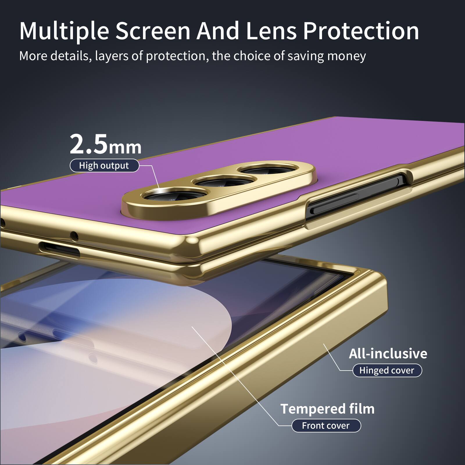Multiple Screen And Lens Protection  
More details, layers of protection, the choice of saving money  

2.5mm  
High output  

All-inclusive  
Hinged cover  

Tempered film  
Front cover