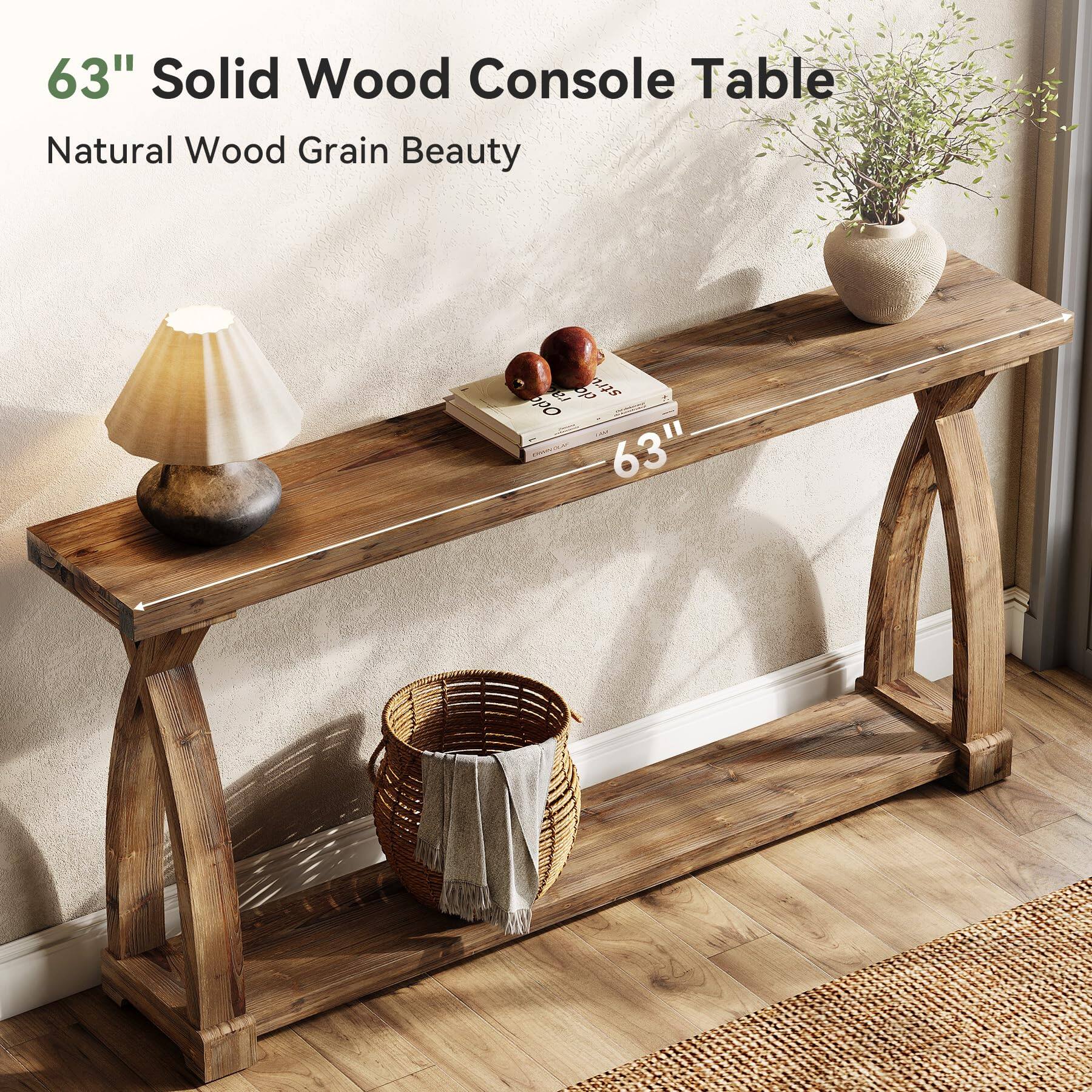 63" Solid Wood Console Table Natural Wood Grain Beauty