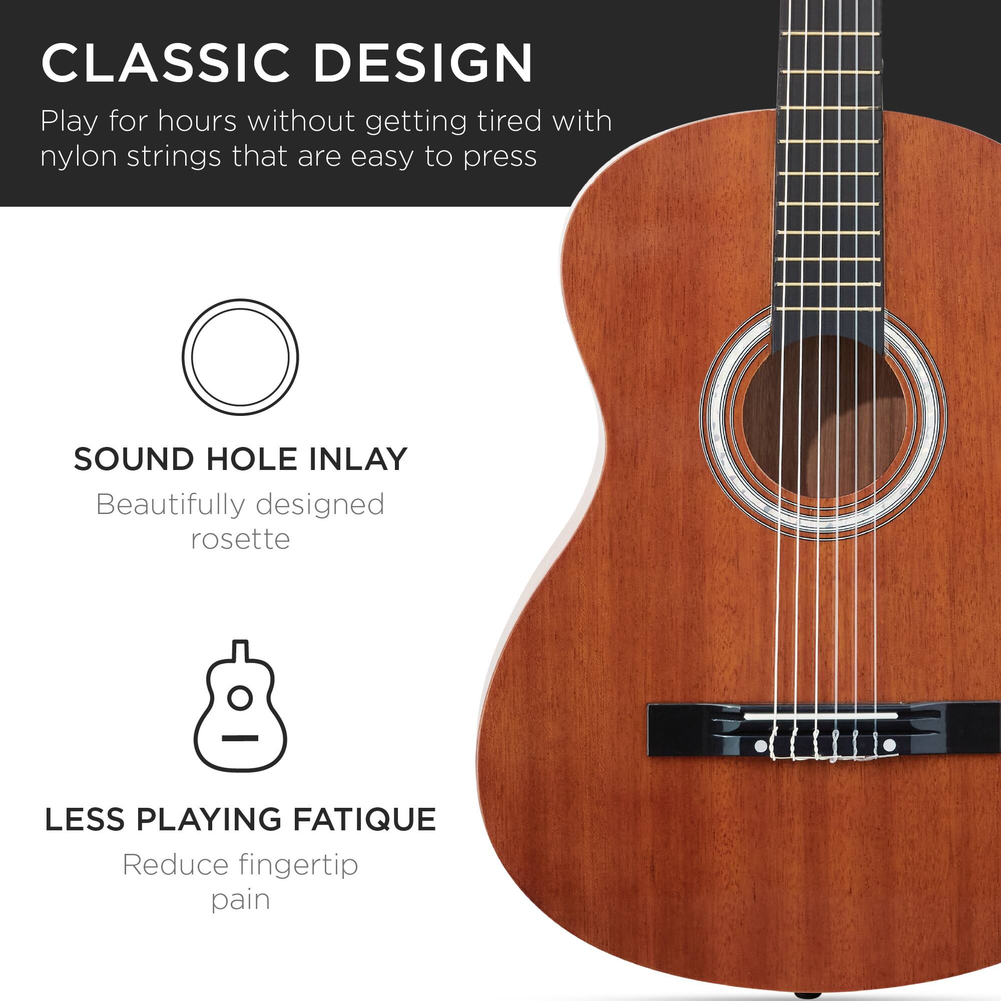 **CLASSIC DESIGN**  
Play for hours without getting tired with nylon strings that are easy to press

**SOUND HOLE INLAY**  
Beautifully designed rosette

**LESS PLAYING FATIGUE**  
Reduce fingertip pain