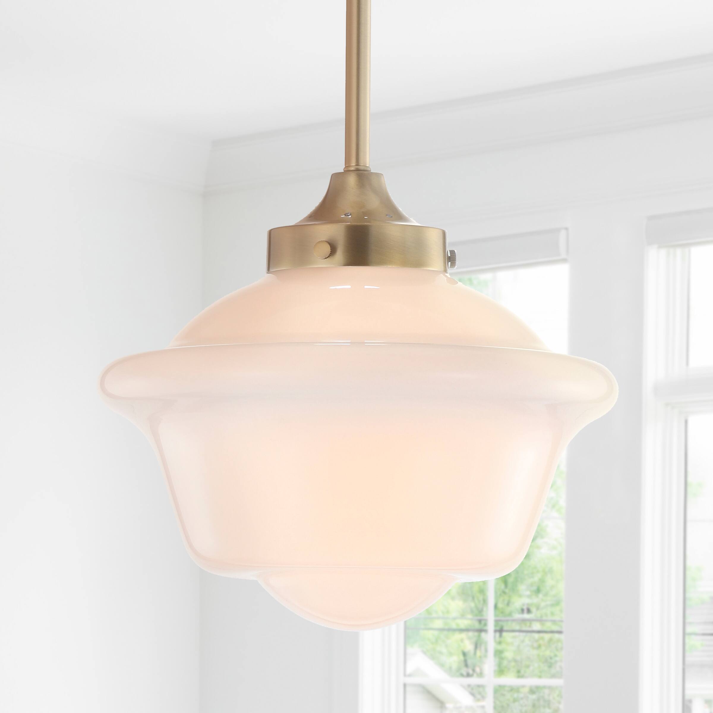 Alt View 1. Jonathan Y - Kurtz 9.5" Adjustable Drop Metal/Glass LED Pendant, Brass Gold/White - Brass Gold/White.