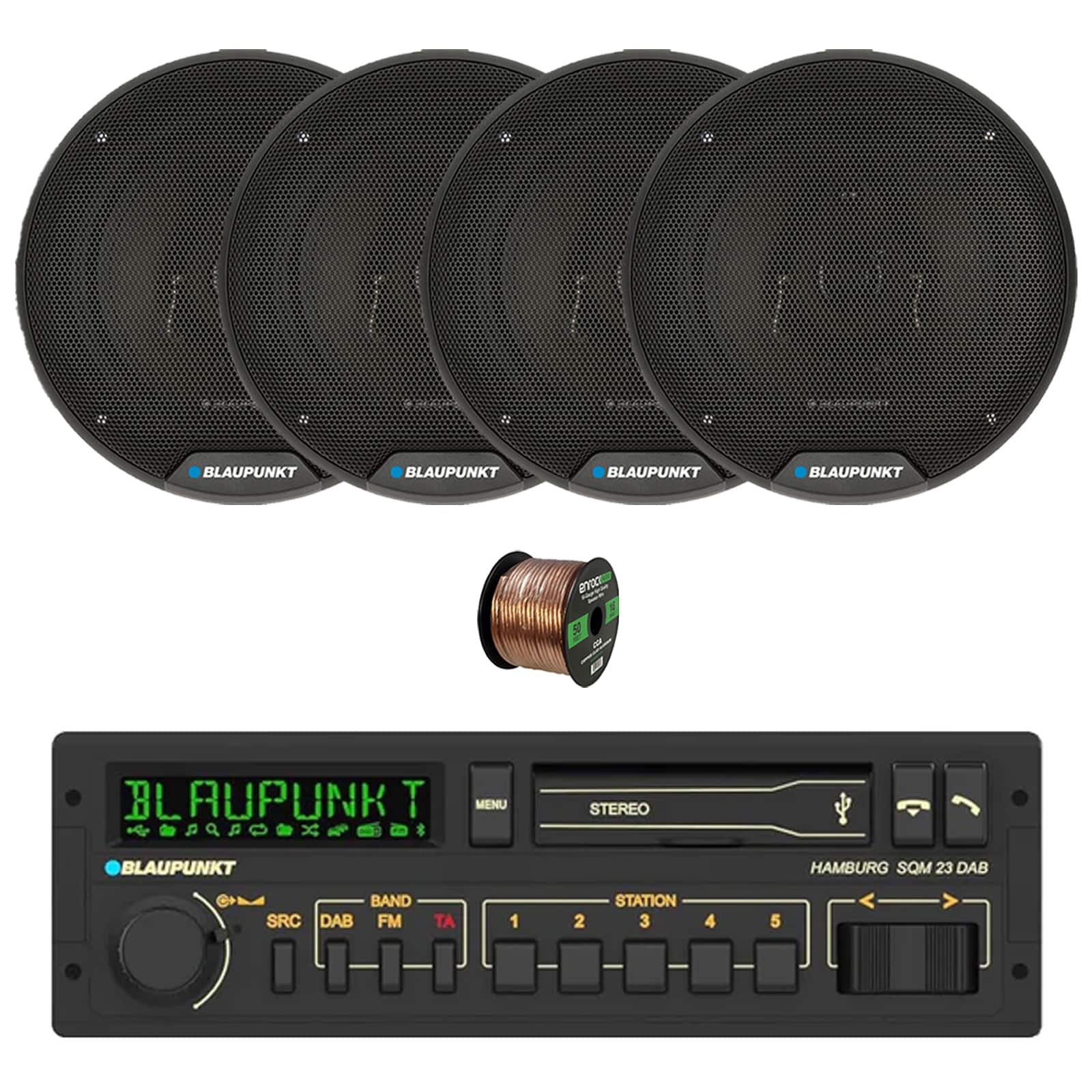 Blaupunkt - Hamburg Single DIN Retro Classic USB Bluetooth AM/FM Stereo Receiver, 4x 6" 40W 3-Way Car Speakers w/ Wire