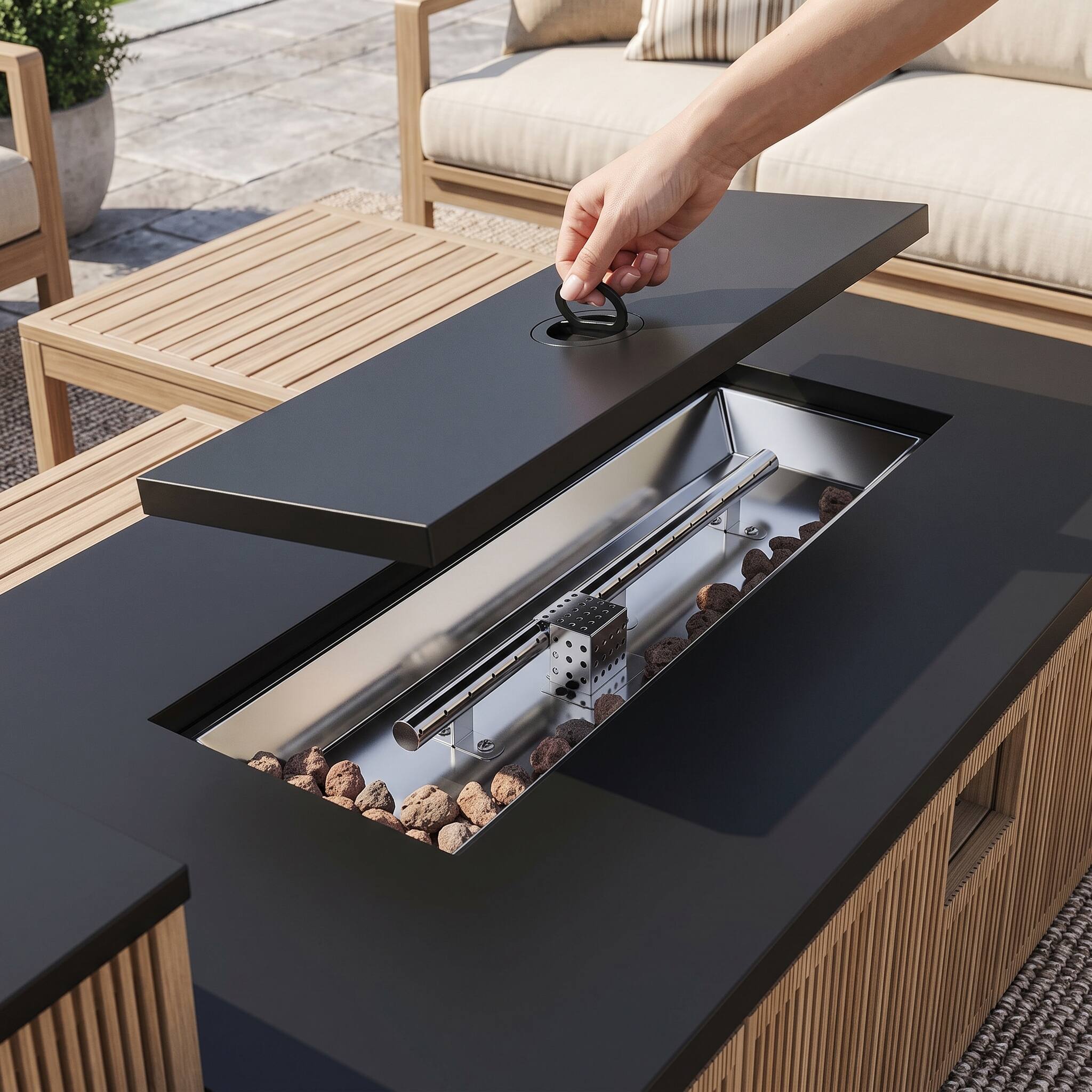 Alt View 10. Famapy - 50,000 BTU Outdoor Propane Gas Fire Pit Table with Hidden Tank Storage, LED Lighting, Lid and Cover - Light Teak & Matte Black.