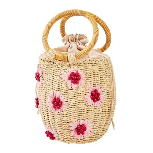 Front. Fabibe - Flower Pearls Rattan Tote Bag Summer Beach Drawstring Straw Bucket Woven Handbag - J Beige.