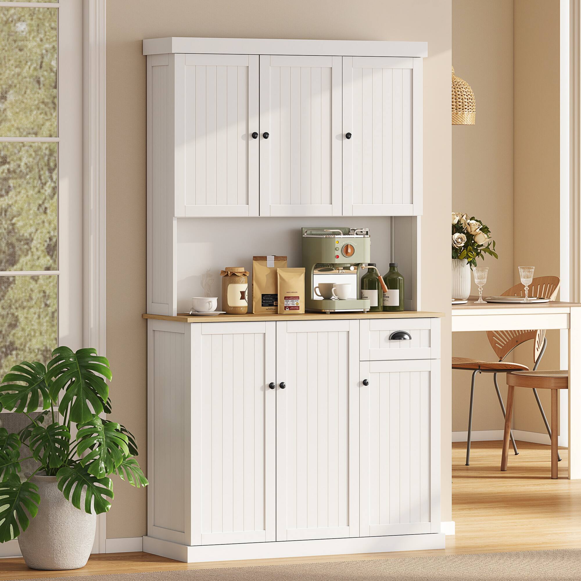 Alt View 1. Homcom - 71" Buffet with Hutch, Modern Farmhouse Kitchen Pantry Storage Cabinet with Microwave Oven Countertop, Drawer & Cupboard - White.