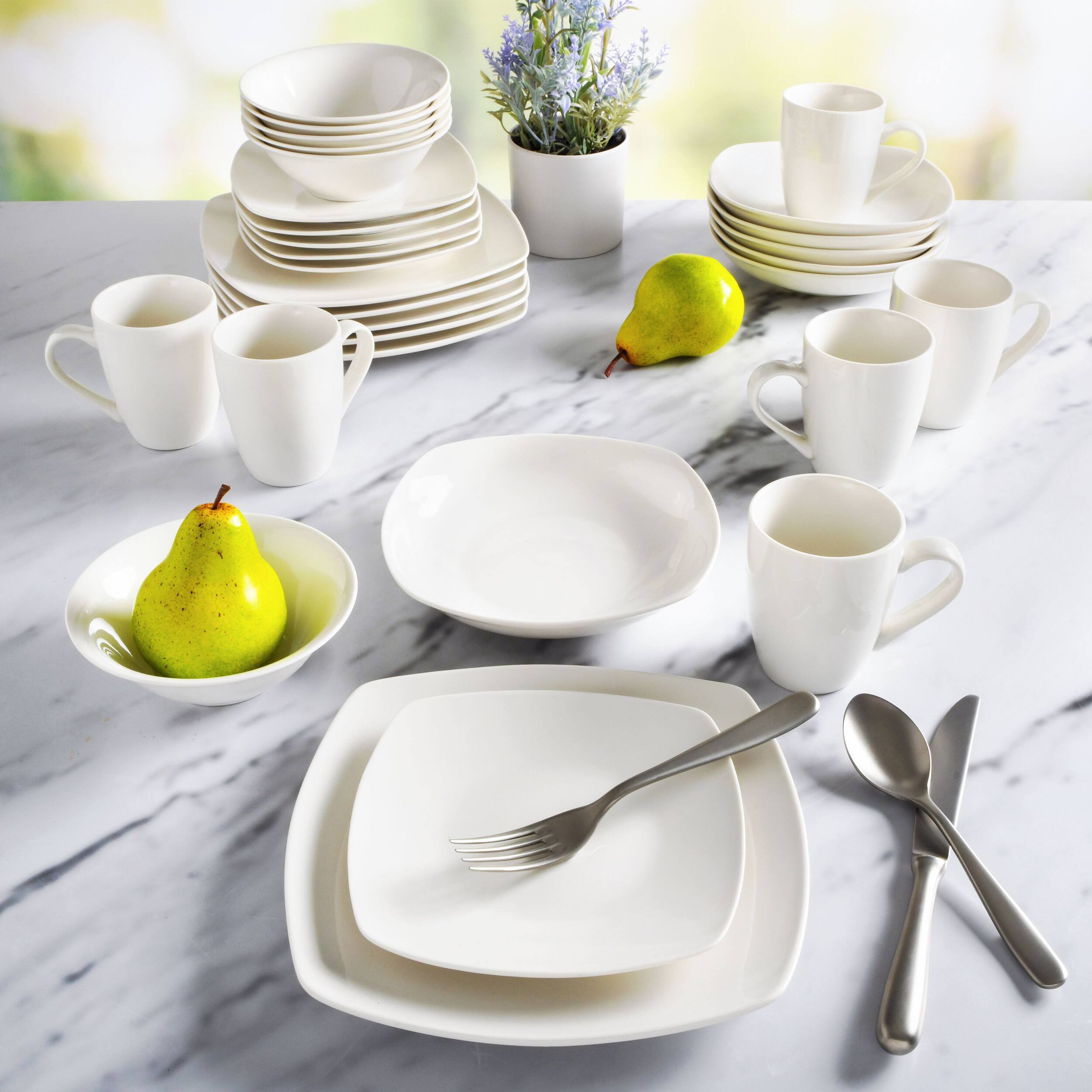 Alt View 3. Gibson - Gibson Home Liberty Hill 30 Piece Soft Square Porcelain Dinnerware Set in White - White.
