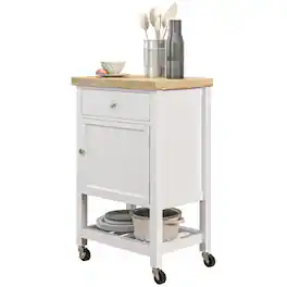 Homcom - Island on Wheels, Rolling Kitchen Cart with Rubberwood Top, Drawer - White