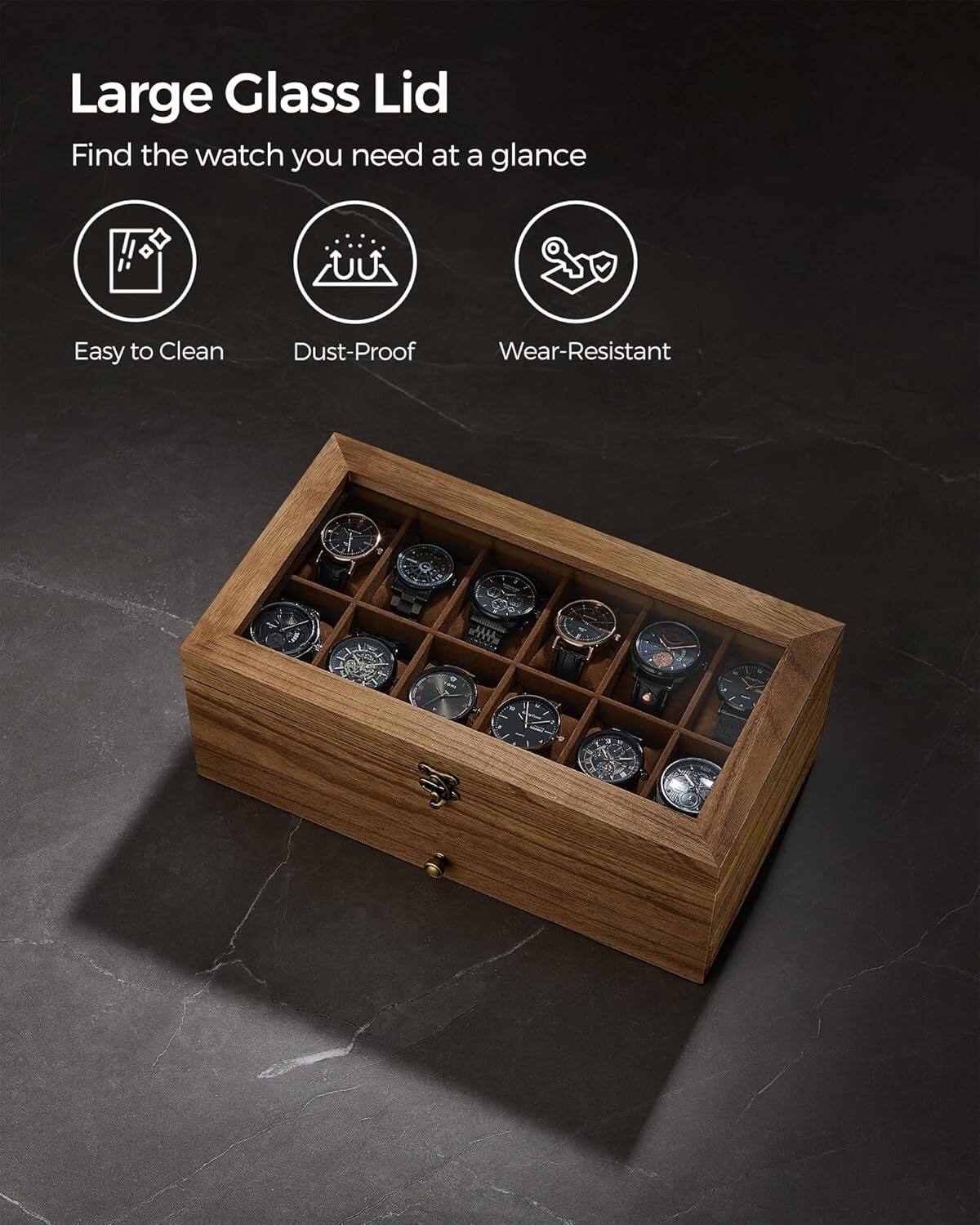 Large Glass Lid  
Find the watch you need at a glance  
Easy to Clean  
Dust-Proof  
Wear-Resistant