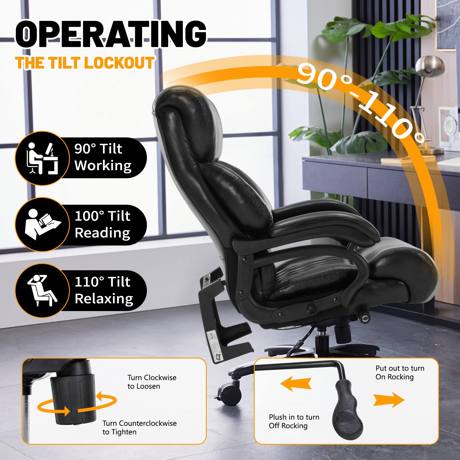 **OPERATING THE TILT LOCKOUT**

- **90° Tilt**  
  Working

- **100° Tilt**  
  Reading

- **110° Tilt**  
  Relaxing

- **90° - 110°**

- **Turn Clockwise**  
  to Loosen

- **Turn Counterclockwise**  
  to Tighten

- **Put out to turn On Rocking**

- **Push in to turn Off Rocking**