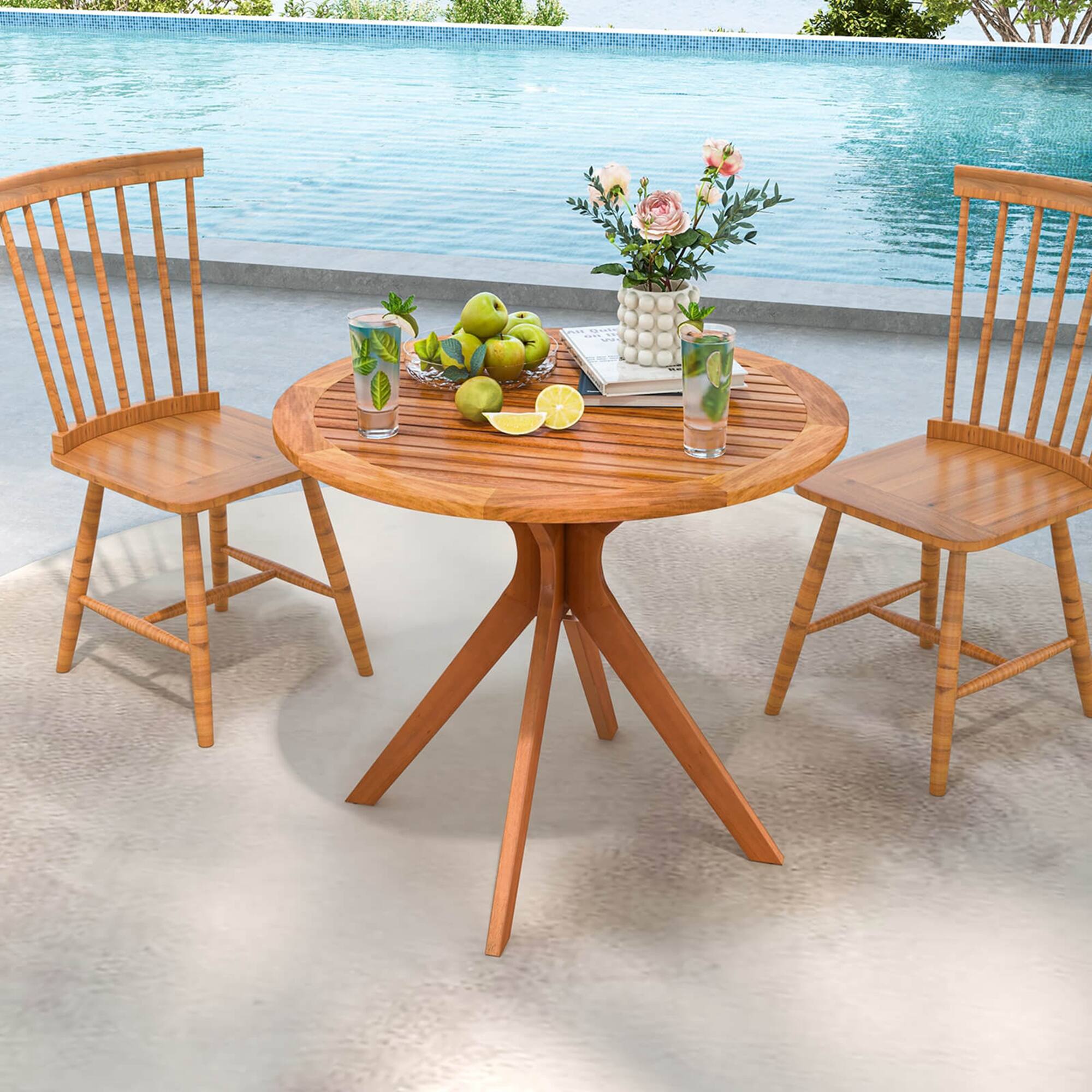 Angle. Costway - 35.5 Inch Patio Wood Dining Table with Slatted Tabletop & Curved Legs for Backyard - Natural.