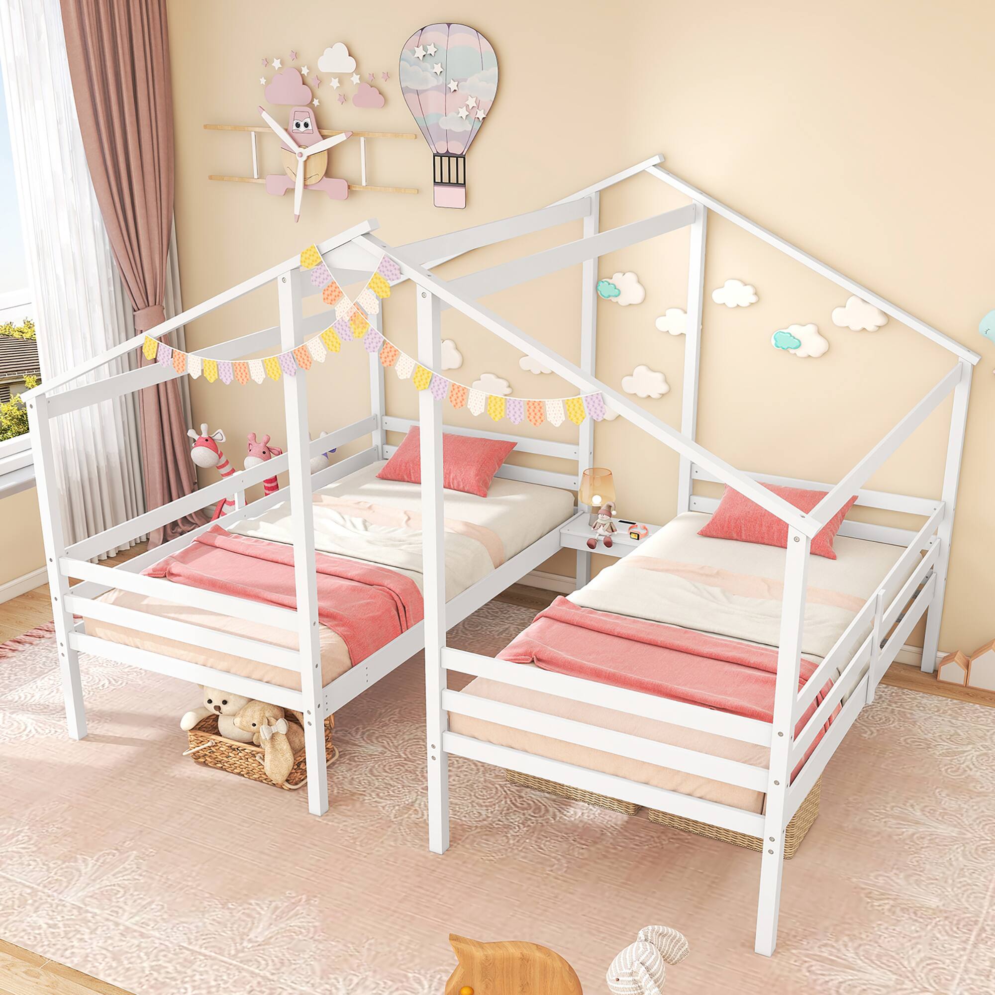 Alt View 9. Gymax - Gymax Double Twin Size Bed Frames for Kids with Built-in Table & USB Port Guardrails - White.