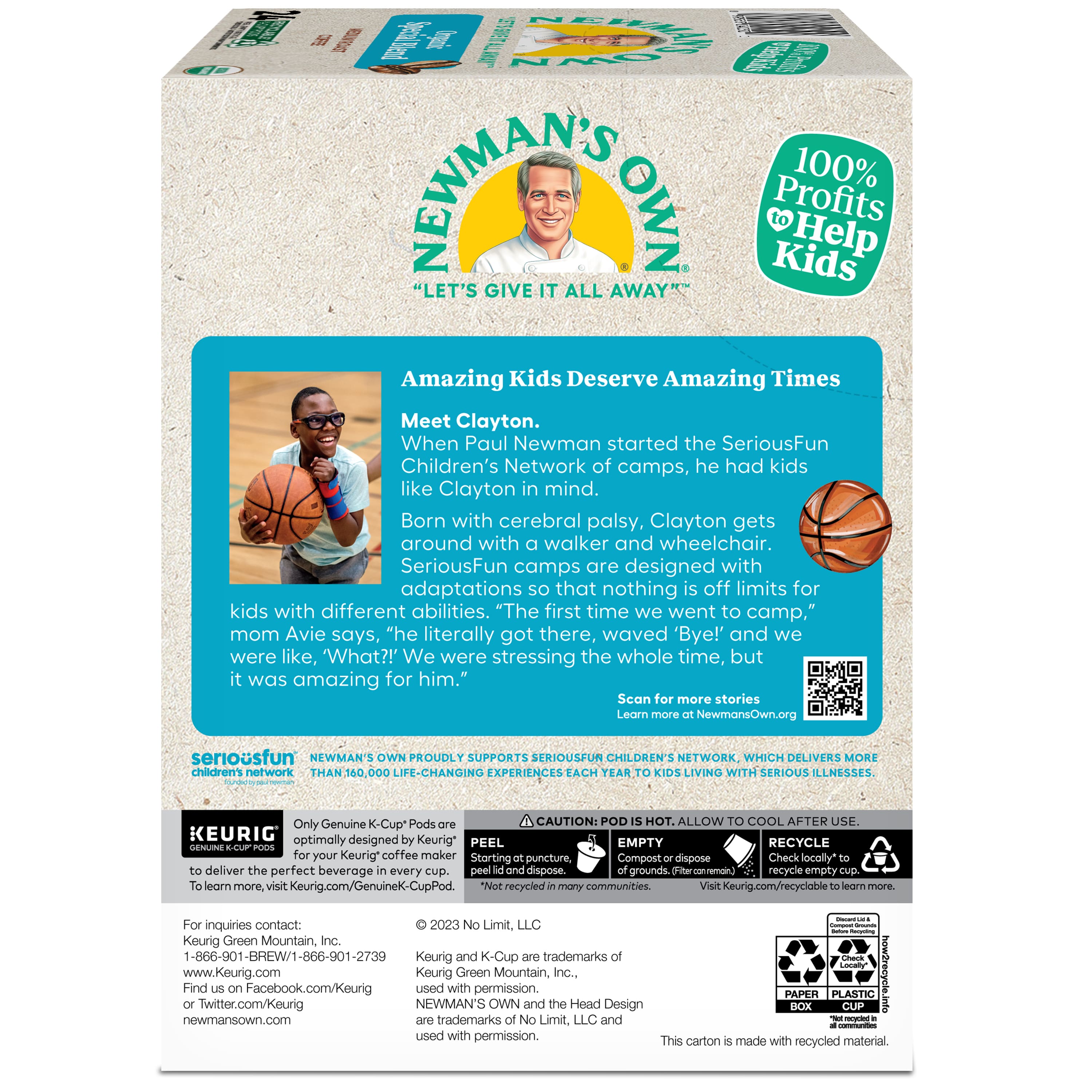 Newman's Own proudly supports the SeriousFun Children's Network, which delivers more than 100 life-changing experiences to children living with serious illnesses. Meet Clayton, a young boy with cerebral palsy who gets around with a walker and wheelchair. SeriousFun camps are designed with adaptations that make nothing off-limits for kids with different abilities. The first time Clayton went to camp, his mom Avie says, "he literally got there, waved 'Bye!' and we were like, 'What?!' We were stressing the whole time, but it was amazing for him." Scan the QR code to learn more about the SeriousFun Children's Network and how Newman's Own supports it.