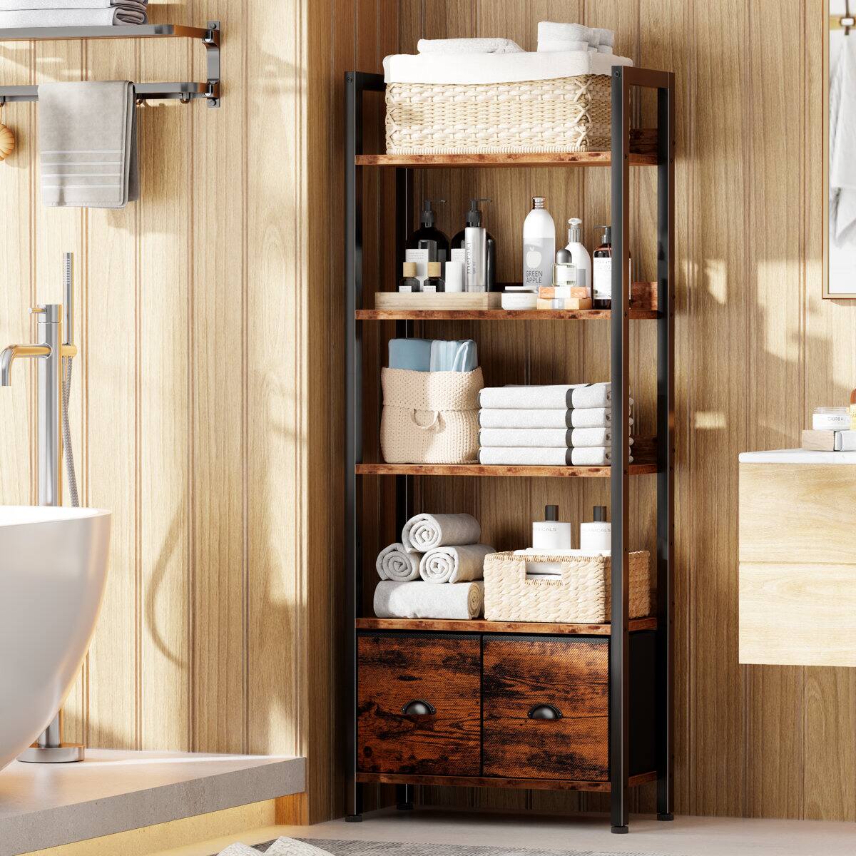 Left. Furnulem - 5 Layers Industrial Tall Standing Bookshelf with Wood & Metal Frame 2 Storage Drawers - Brown.