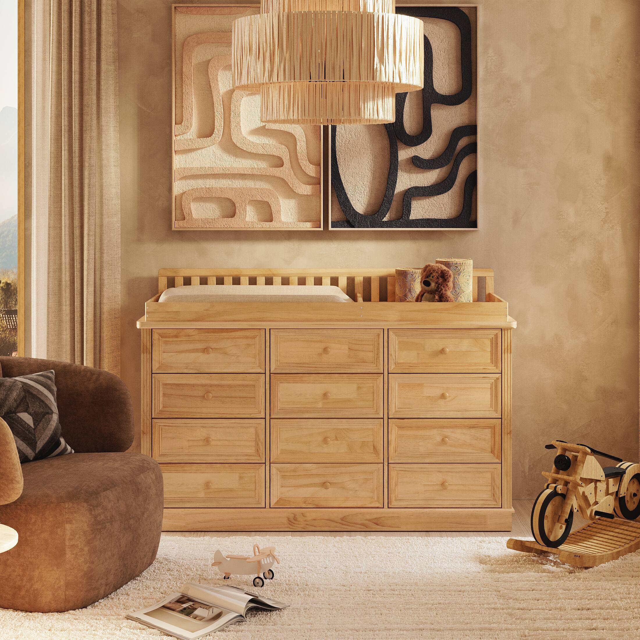 Angle. Homsee - Baby Changing Table Dresser with Drawers Solid Wood Nursery Organizer Diaper Storage Cabinet with Anti-Tip Safety Design - Wooden.