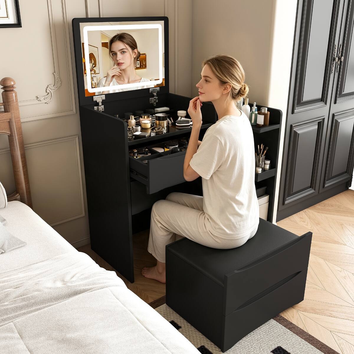 Alt View 1. Loheer - Loheer Flip Mirror Vanity Desk with Adjustable LED Lights, Hidden Storage and Stool, Black - Black.