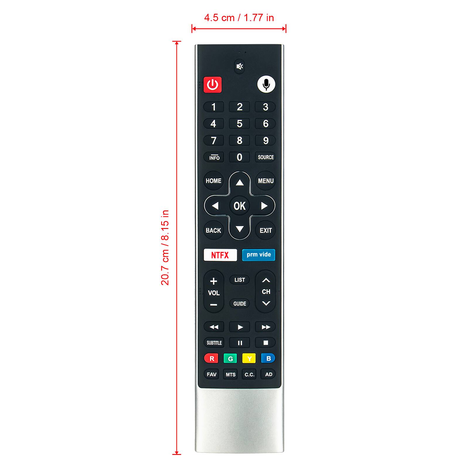 4.5 cm / 1.77 in  
1 2 3 4 5 6 7 8 9 INFO 0 SOURCE  
HOME MENU OK BACK EXIT  
NTFX prm vide + LIST VOL CH  
GUIDE SUBTITLE  
R G Y  
FAV MTS C.C. AD