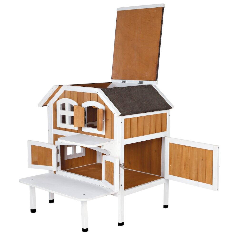 Left. TRIXIE - 2-Story Weatherproof Elevated Outdoor Cat Retreat with Balcony, Brown - Brown/White.