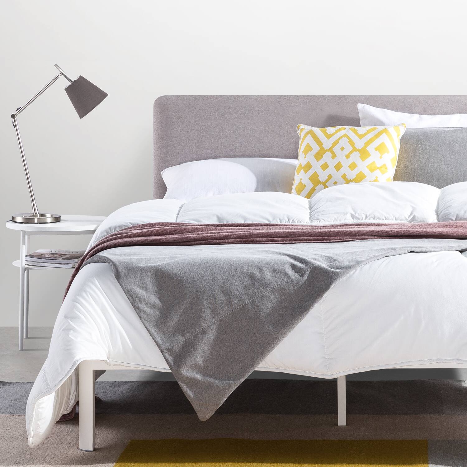 Alt View 5. Mellow - Mellow KERT Metal and Wood Platform Bed Frame with Upholstered Headboard, Full - Oak Grey.