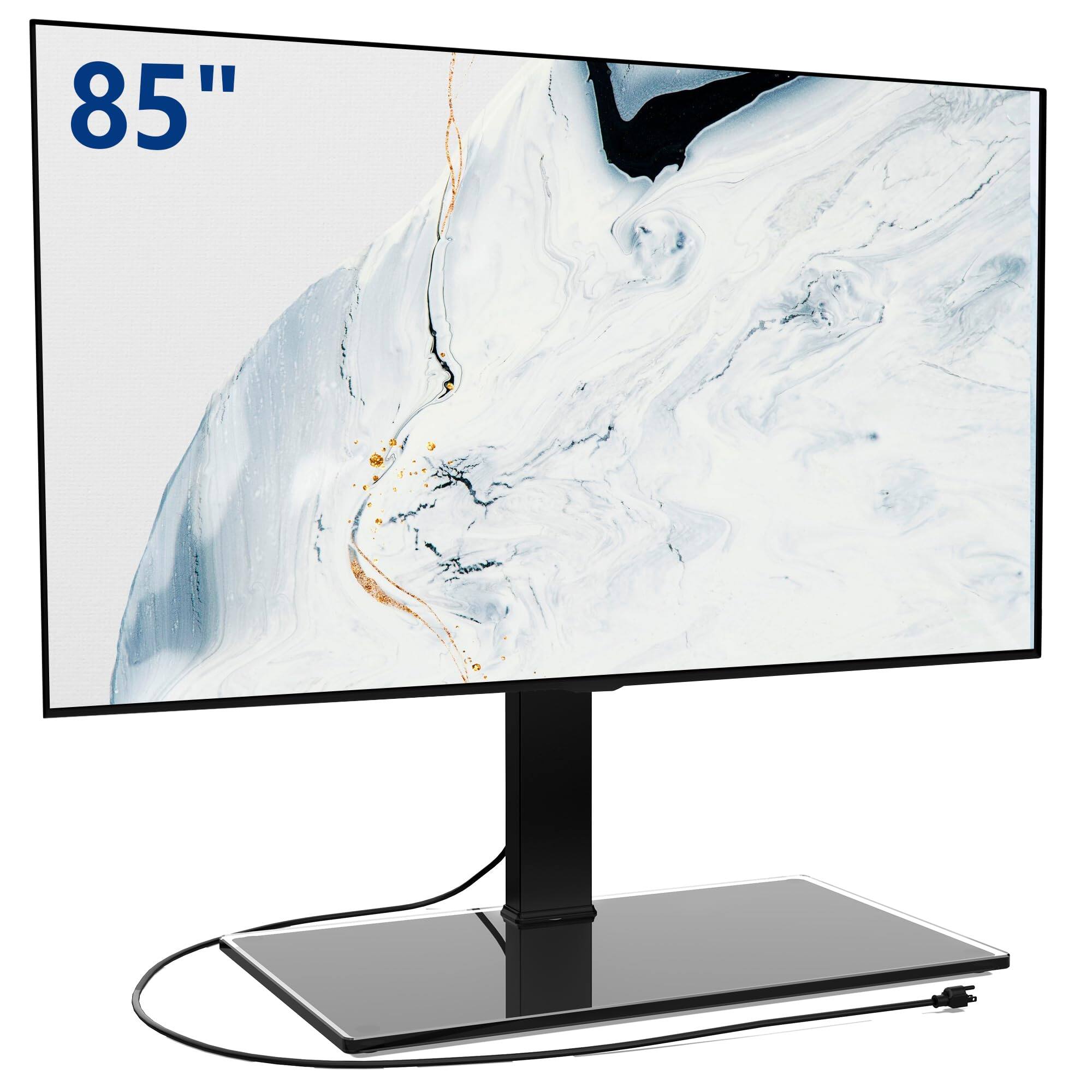 Angle. Refined Abode Design - Universal Tv Stand With Swivel Mount For 50 Flat Screens Height Adjustable Tempered Glass Base Holds Up To - Black With Power Strip.