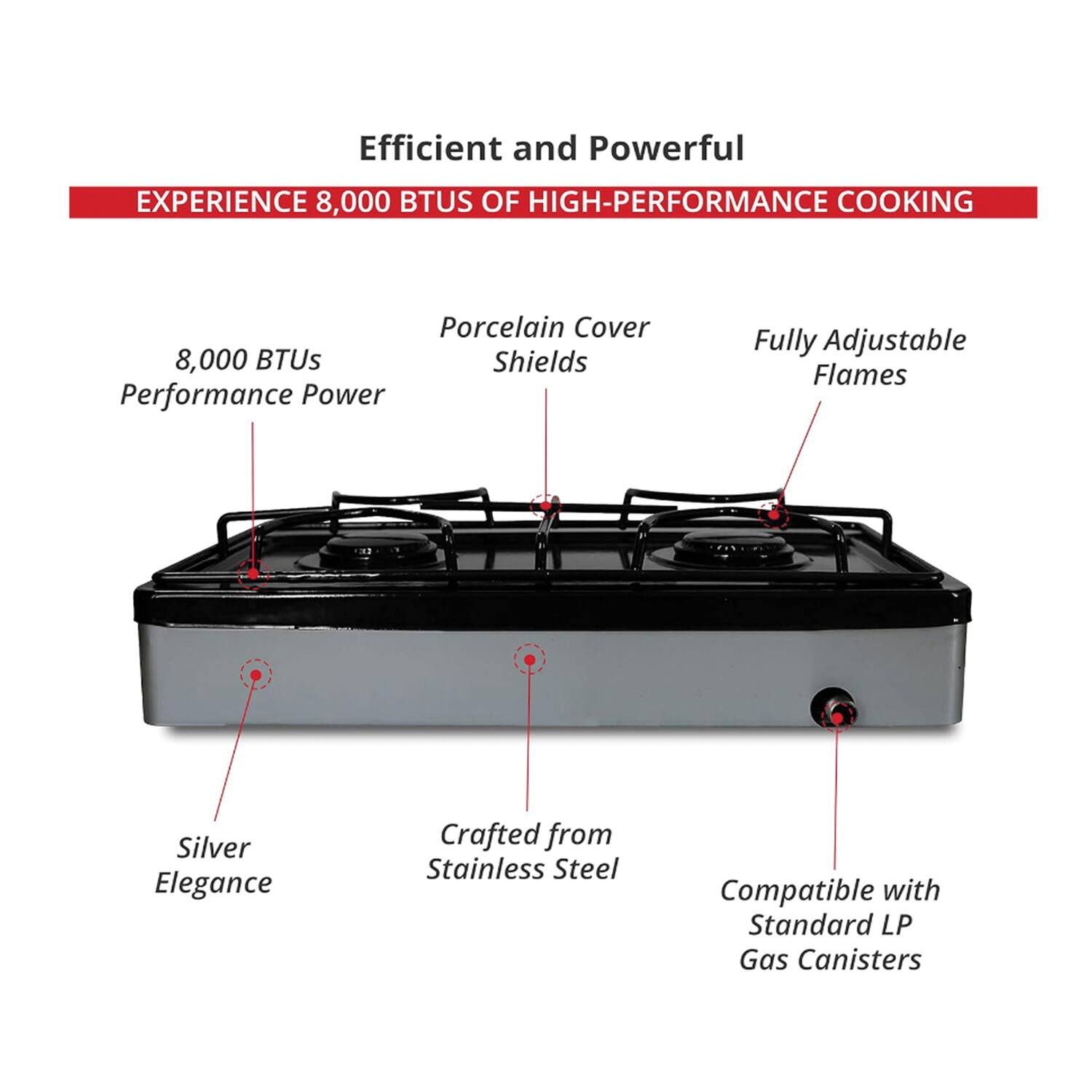 Efficient and Powerful  
EXPERIENCE 8,000 BTUS OF HIGH-PERFORMANCE COOKING  

- 8,000 BTUs Performance Power  
- Porcelain Cover Shields  
- Fully Adjustable Flames  
- Silver Elegance  
- Crafted from Stainless Steel  
- Compatible with Standard LP Gas Canisters